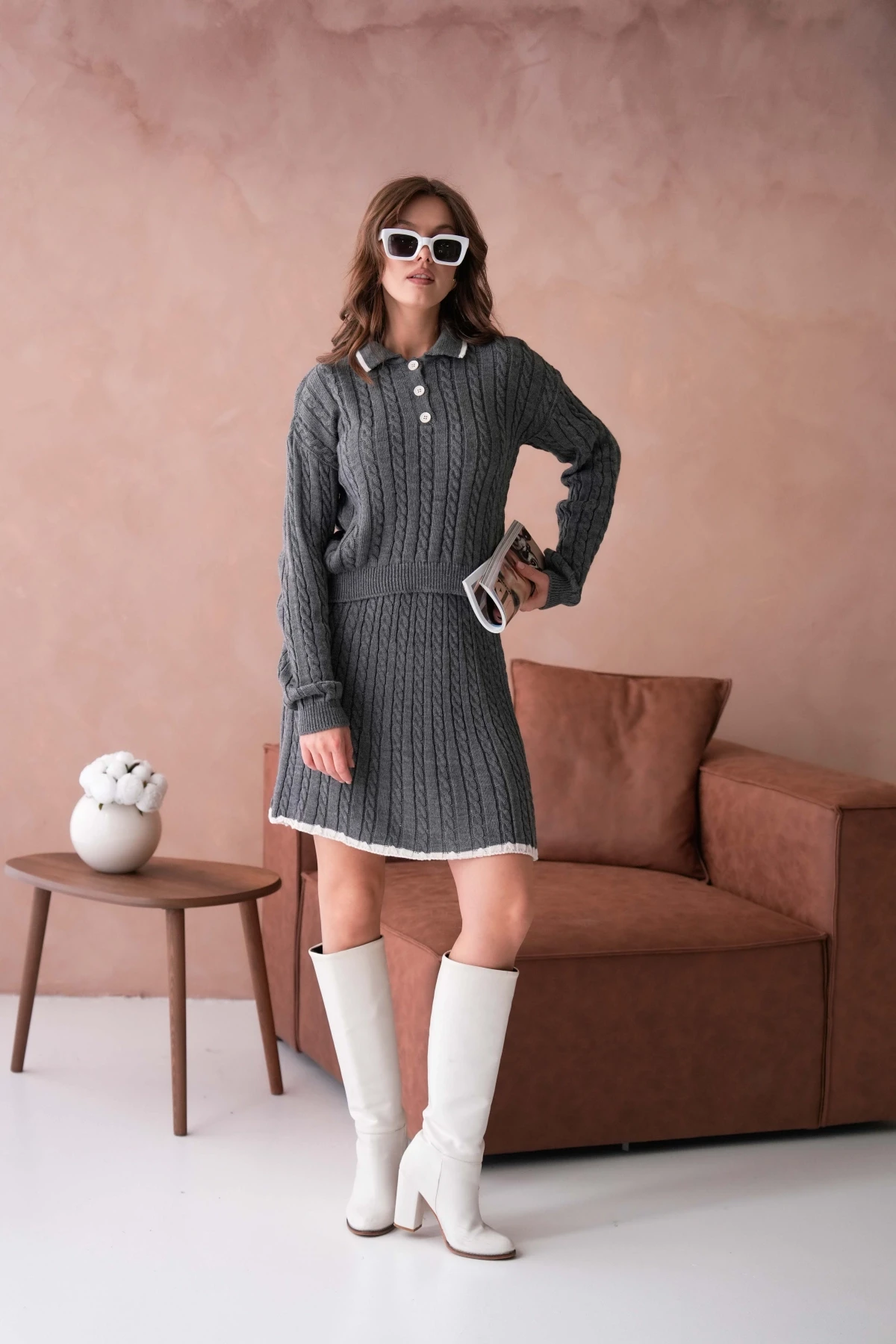 Kadın Polo Yaka Örgü Detay Etekli İkili Triko Takım