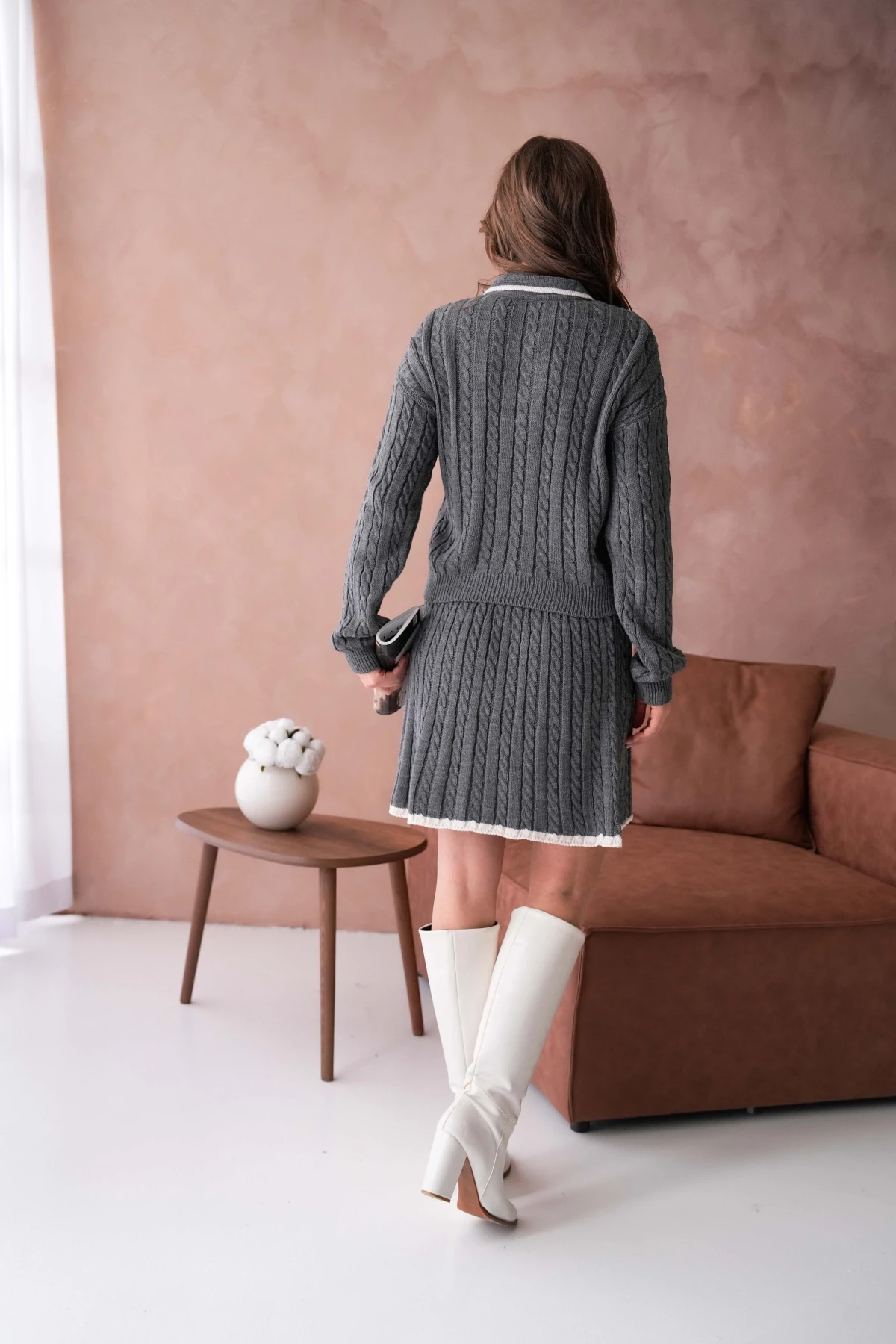 Kadın Polo Yaka Örgü Detay Etekli İkili Triko Takım