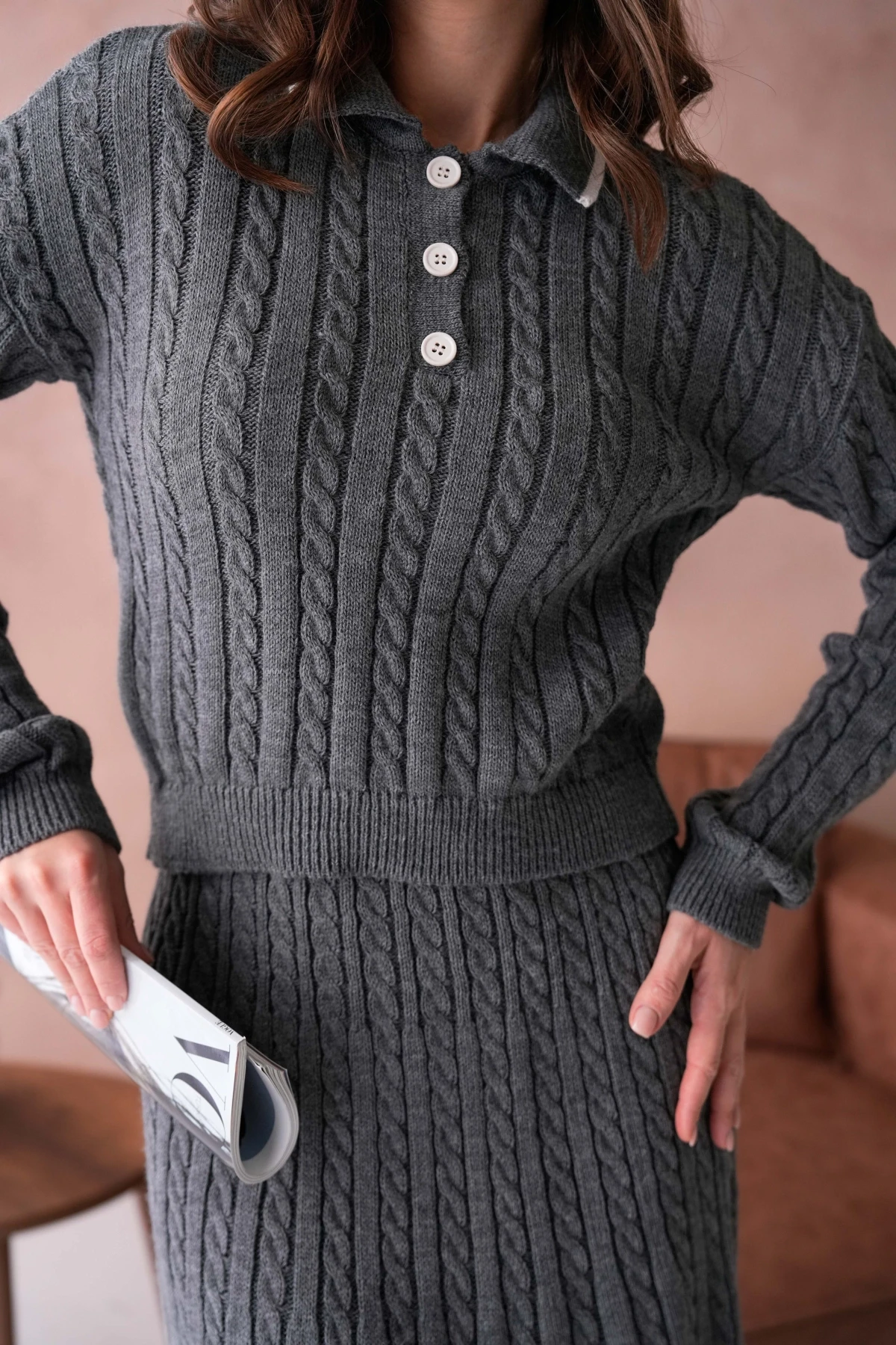 Kadın Polo Yaka Örgü Detay Etekli İkili Triko Takım