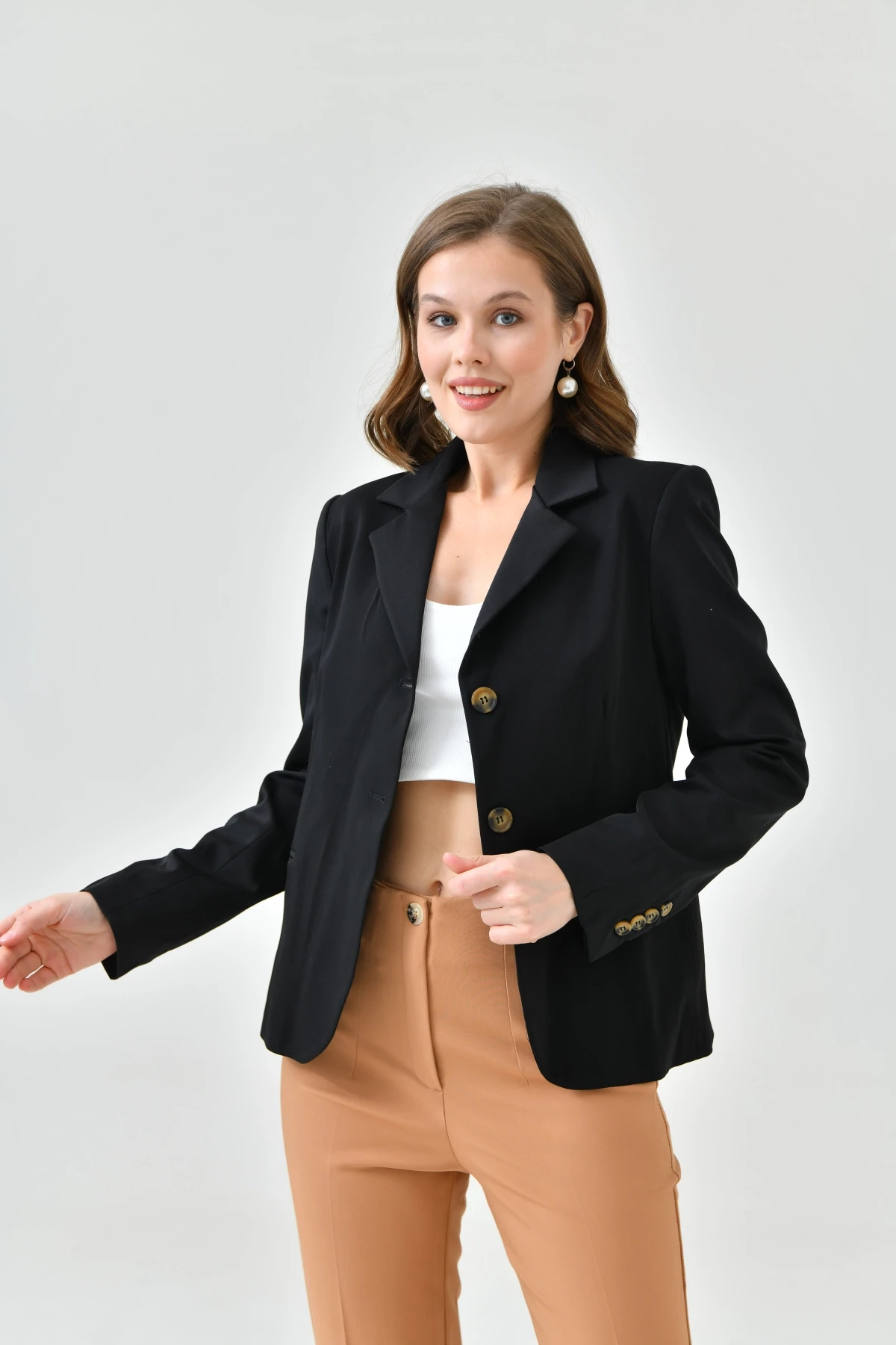 Kadın Siyah Kuşak Detaylı Slim Blazer Ceket