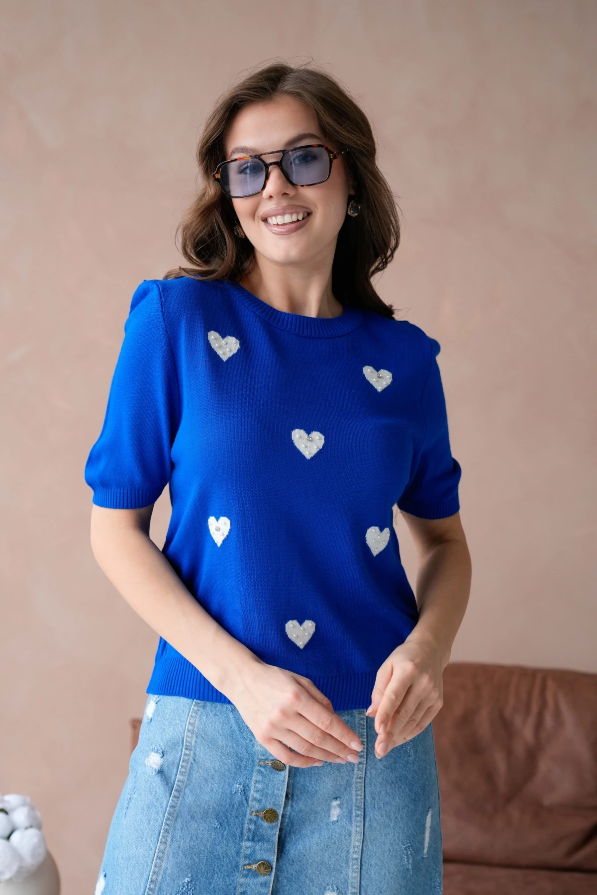 Kadın Taş İşlemeli Kalpli Triko Kazak