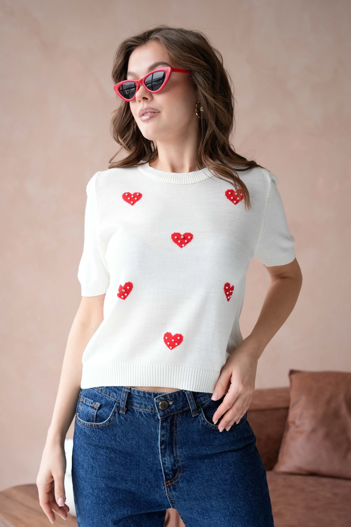 Kadın Taş İşlemeli Kalpli Triko Kazak