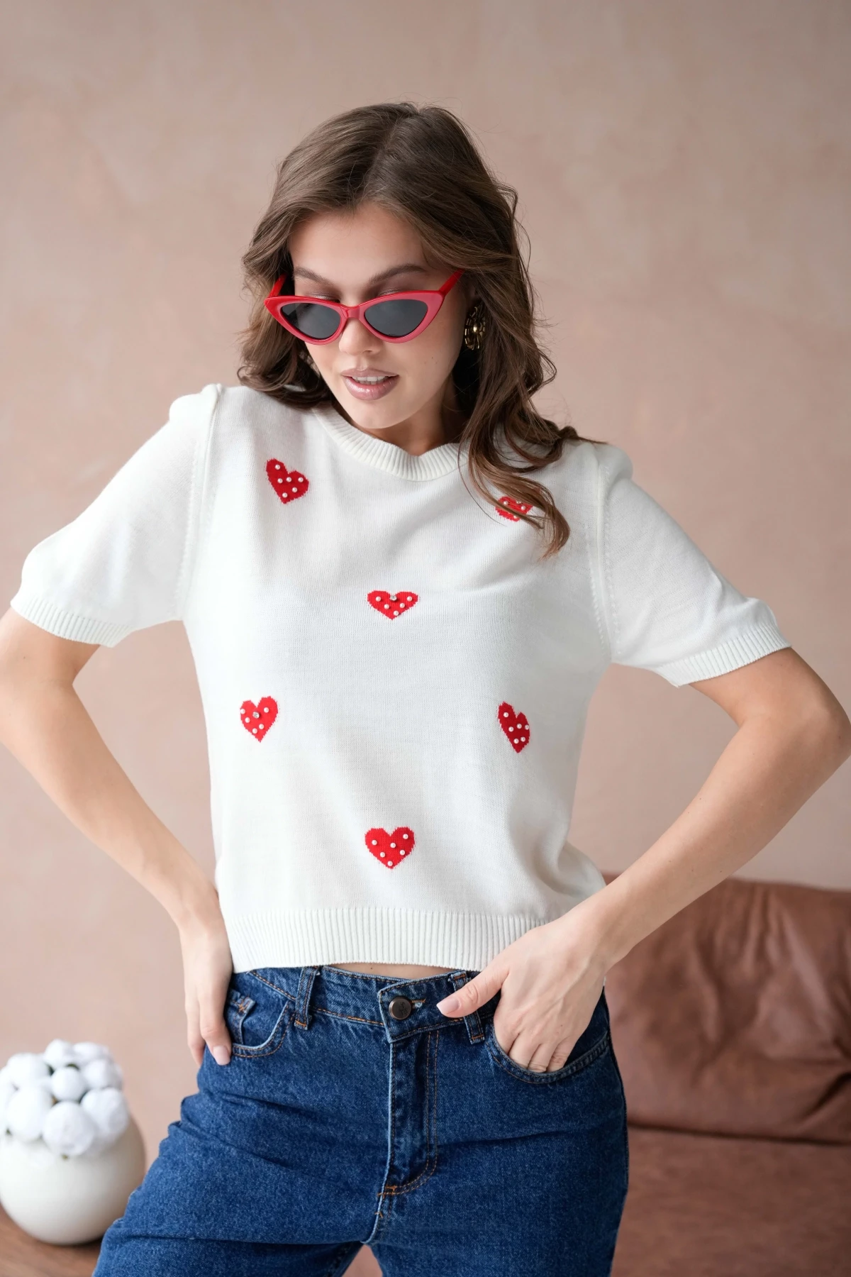 Kadın Taş İşlemeli Kalpli Triko Kazak