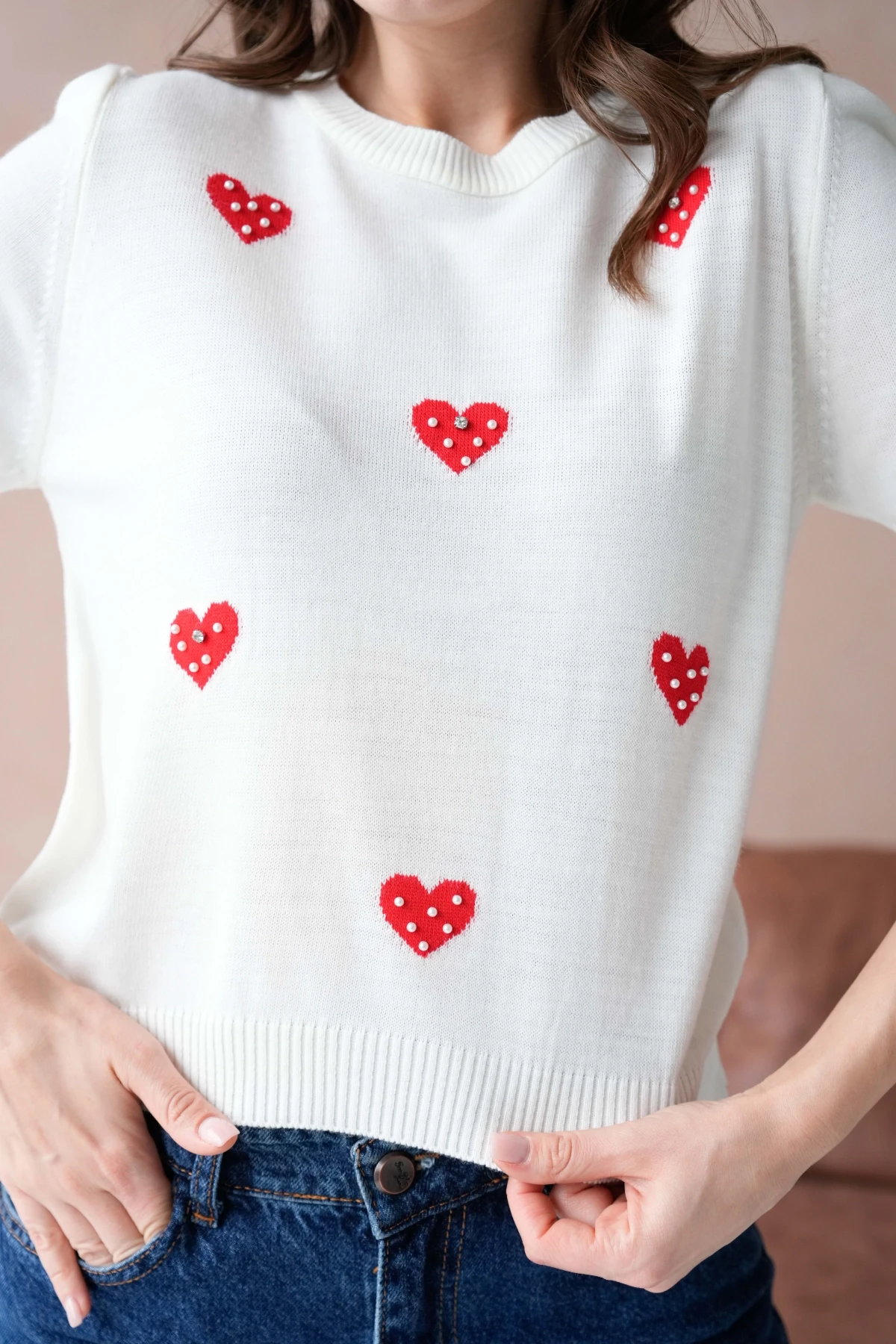 Kadın Taş İşlemeli Kalpli Triko Kazak