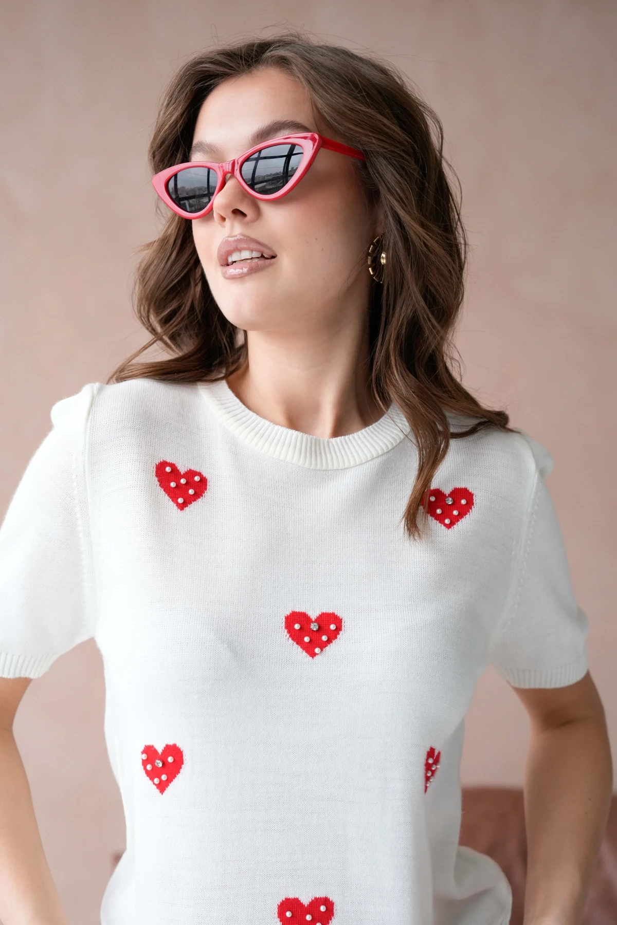 Kadın Taş İşlemeli Kalpli Triko Kazak