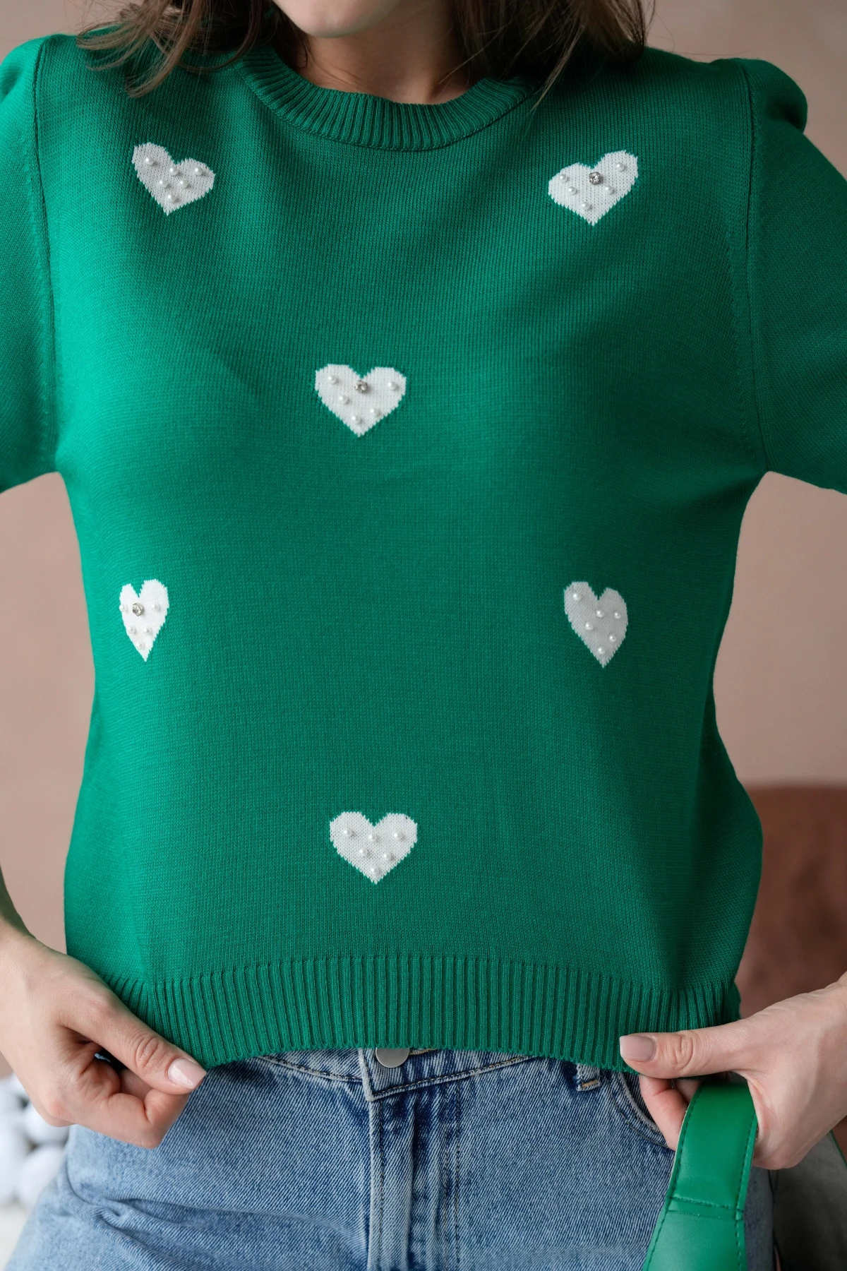 Kadın Taş İşlemeli Kalpli Triko Kazak