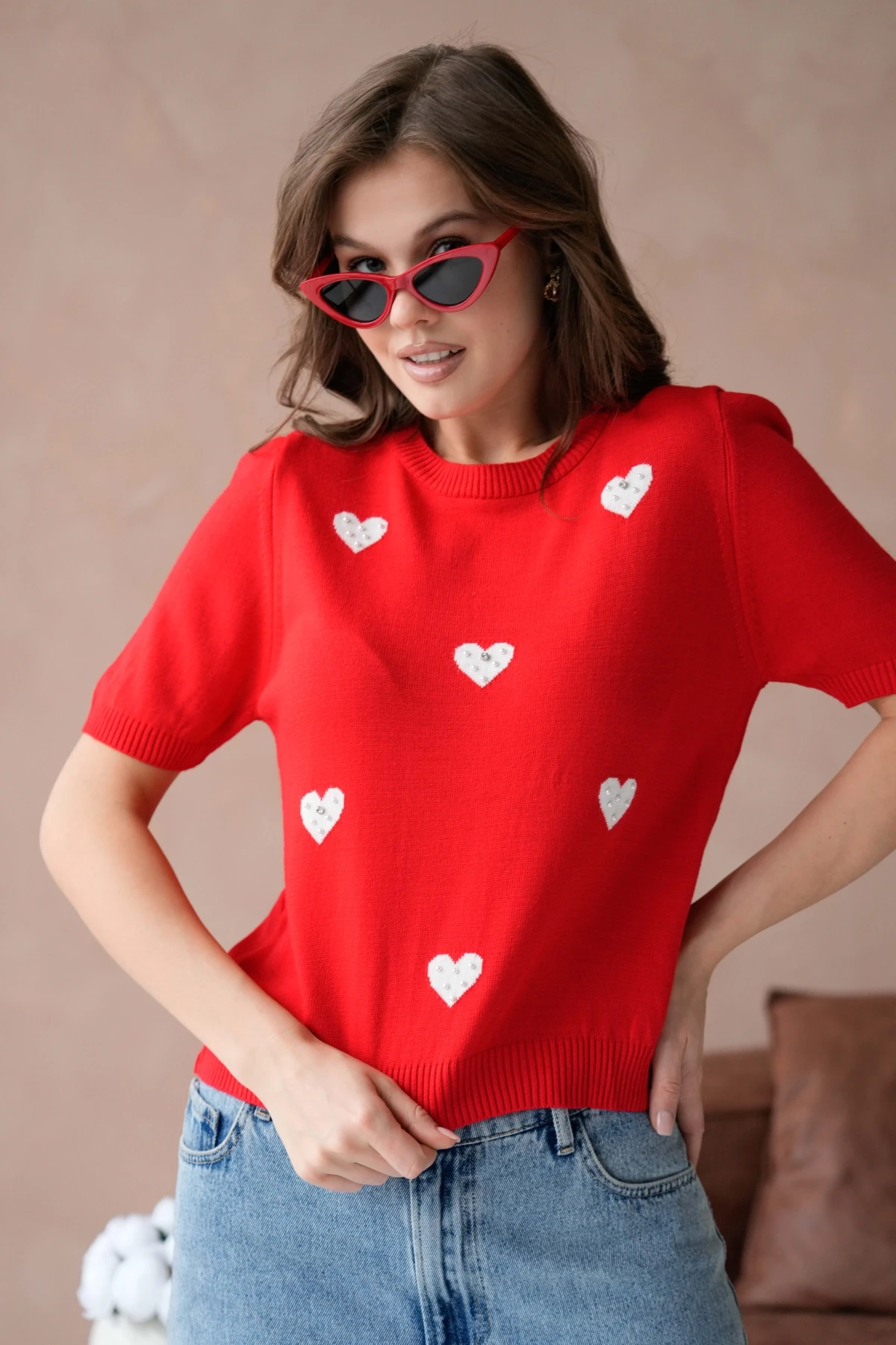Kadın Taş İşlemeli Kalpli Triko Kazak