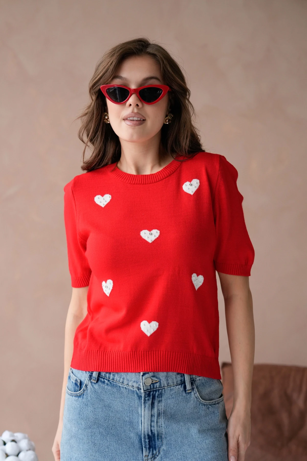 Kadın Taş İşlemeli Kalpli Triko Kazak