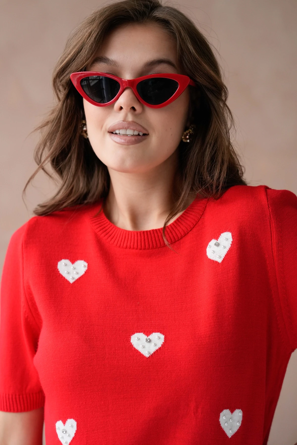 Kadın Taş İşlemeli Kalpli Triko Kazak