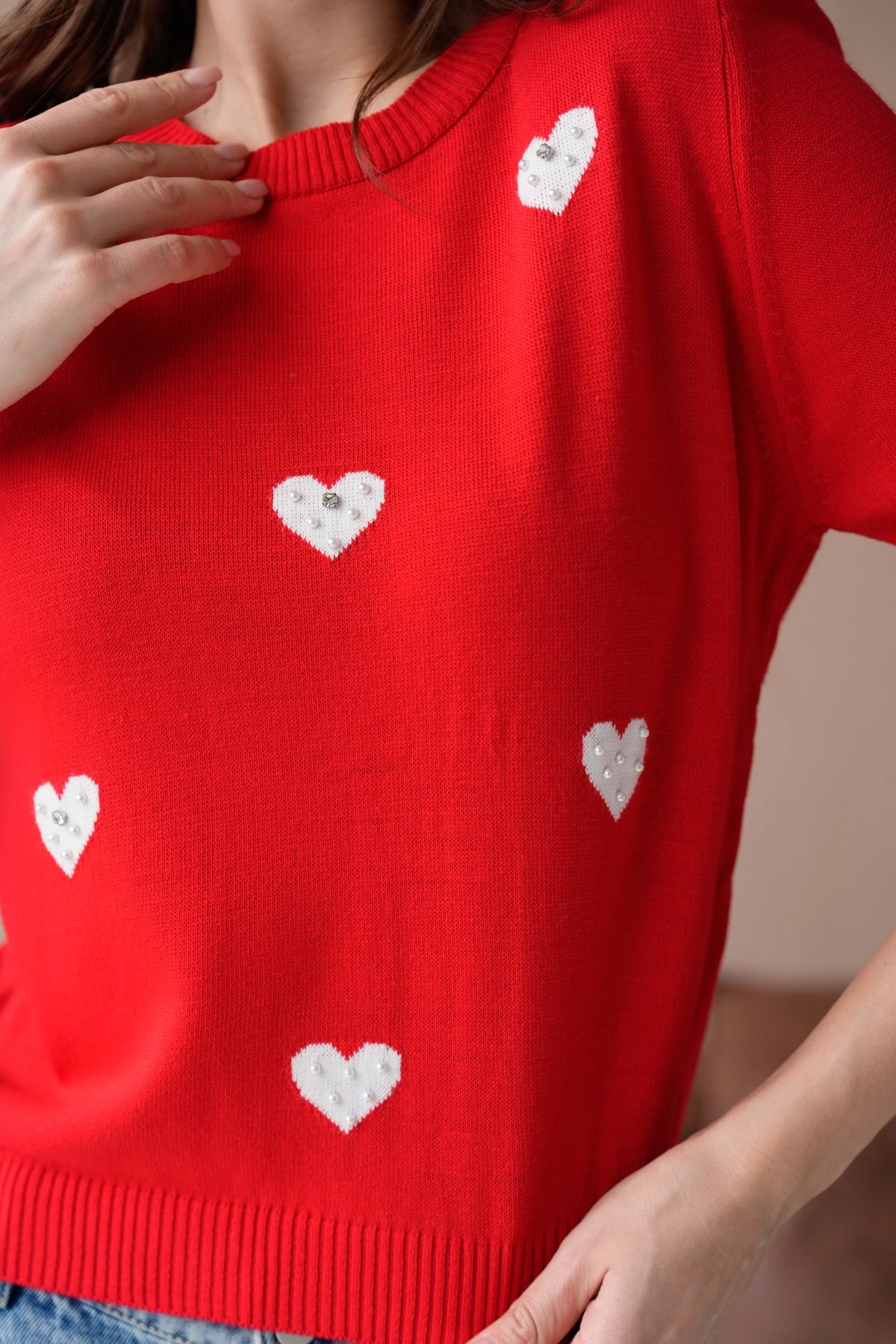 Kadın Taş İşlemeli Kalpli Triko Kazak