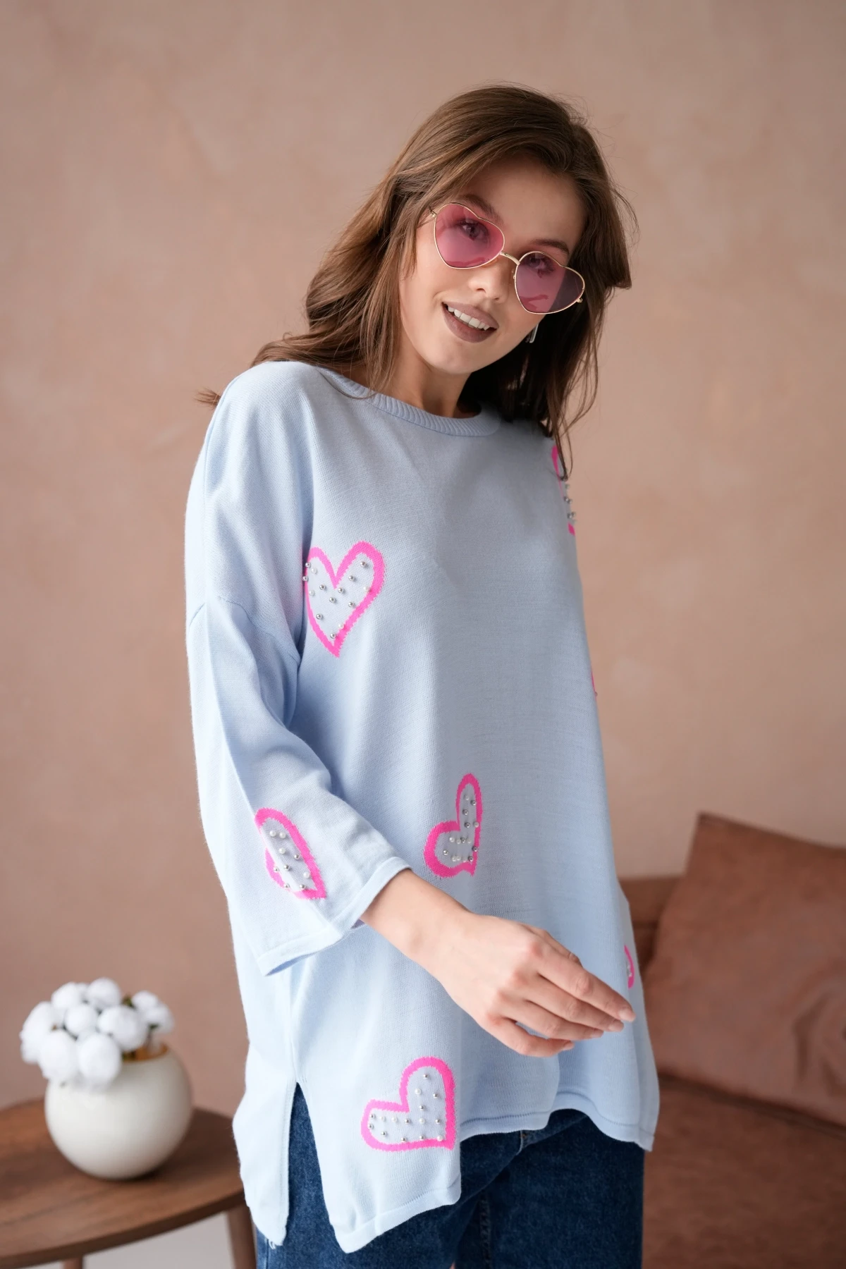 Kadın Taş İşlemeli Salaş Triko Kazak