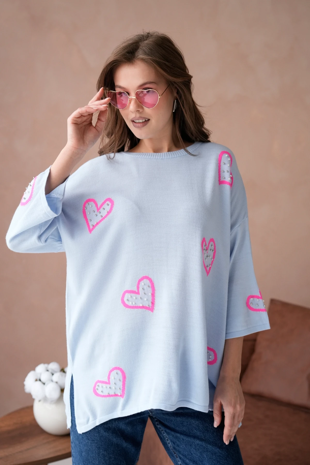 Kadın Taş İşlemeli Salaş Triko Kazak