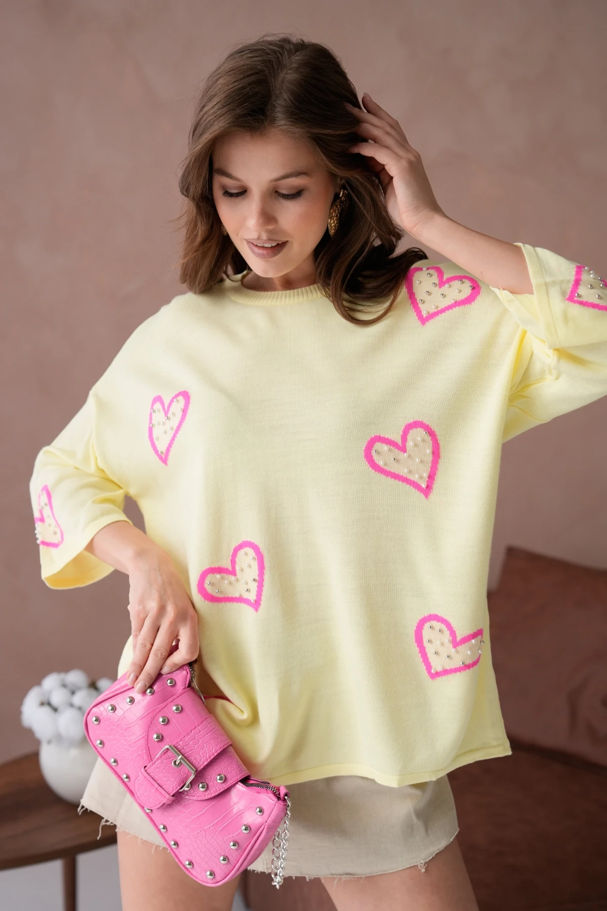 Kadın Taş İşlemeli Salaş Triko Kazak