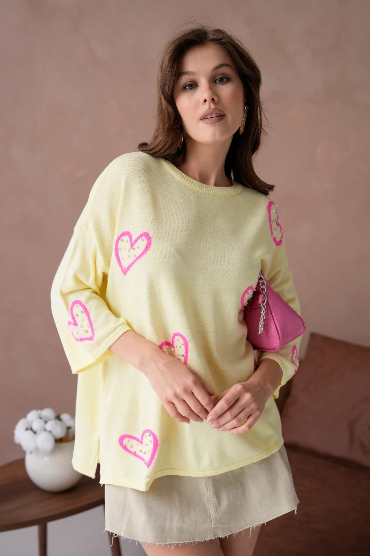 Kadın Taş İşlemeli Salaş Triko Kazak