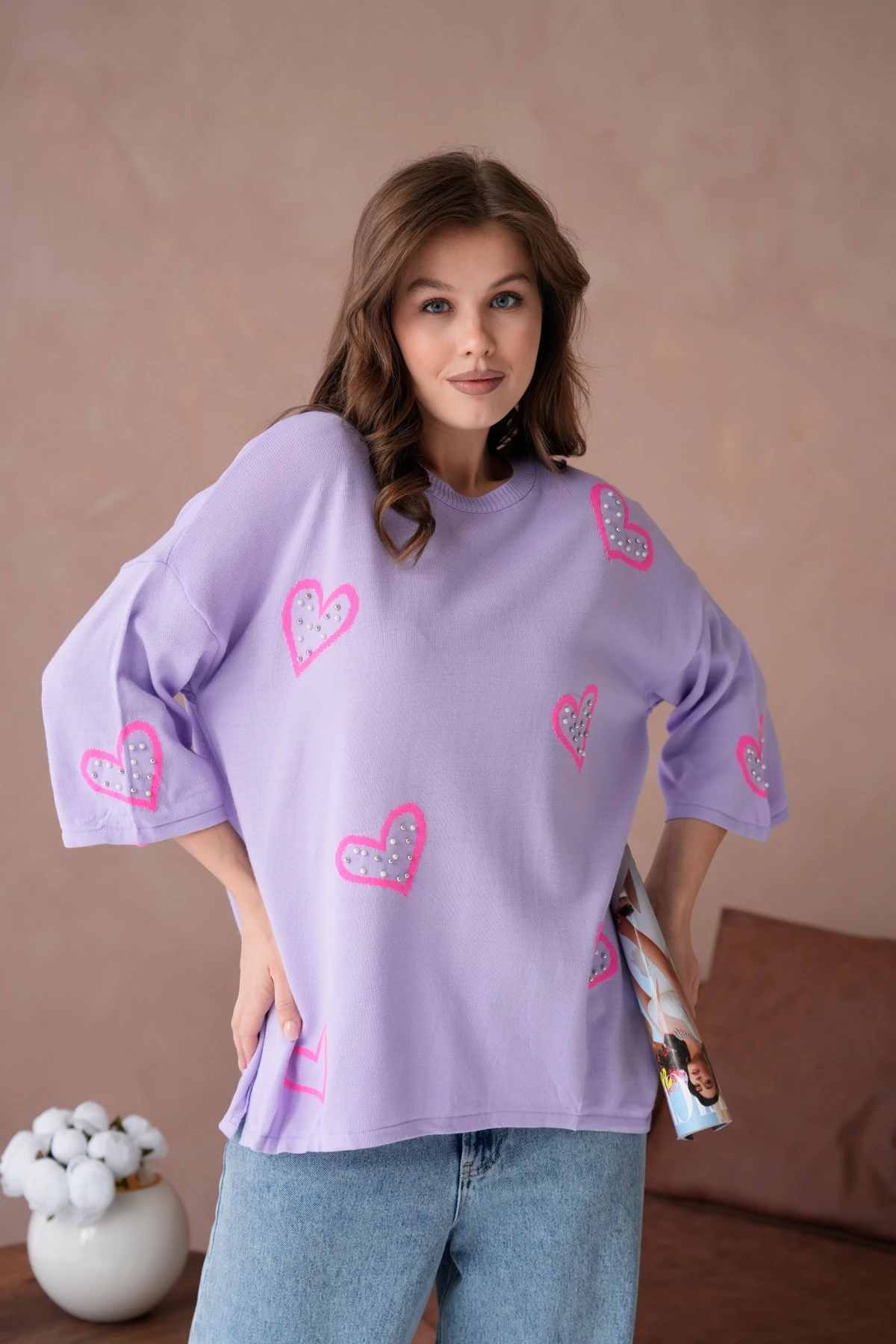 Kadın Taş İşlemeli Salaş Triko Kazak