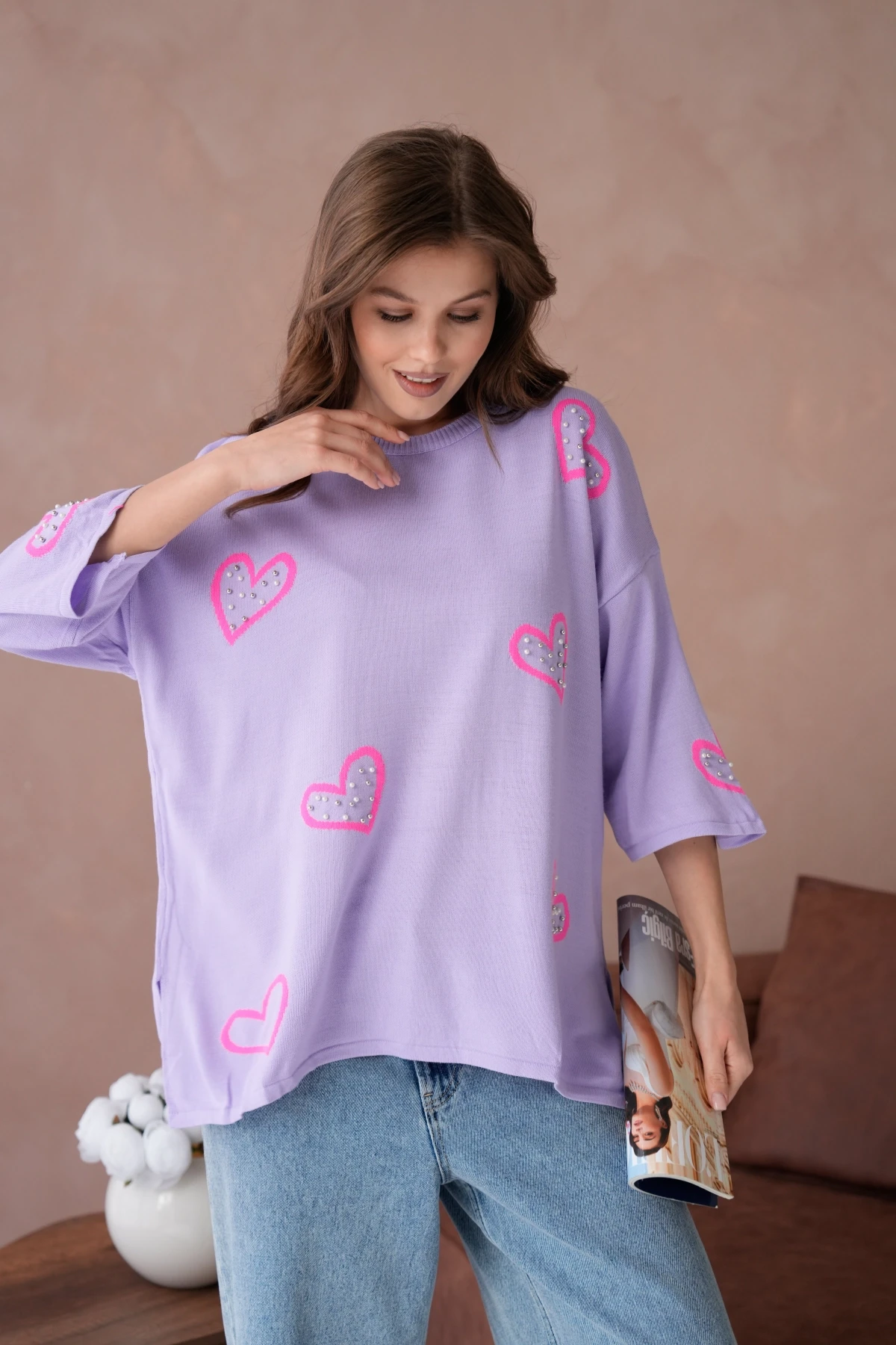 Kadın Taş İşlemeli Salaş Triko Kazak