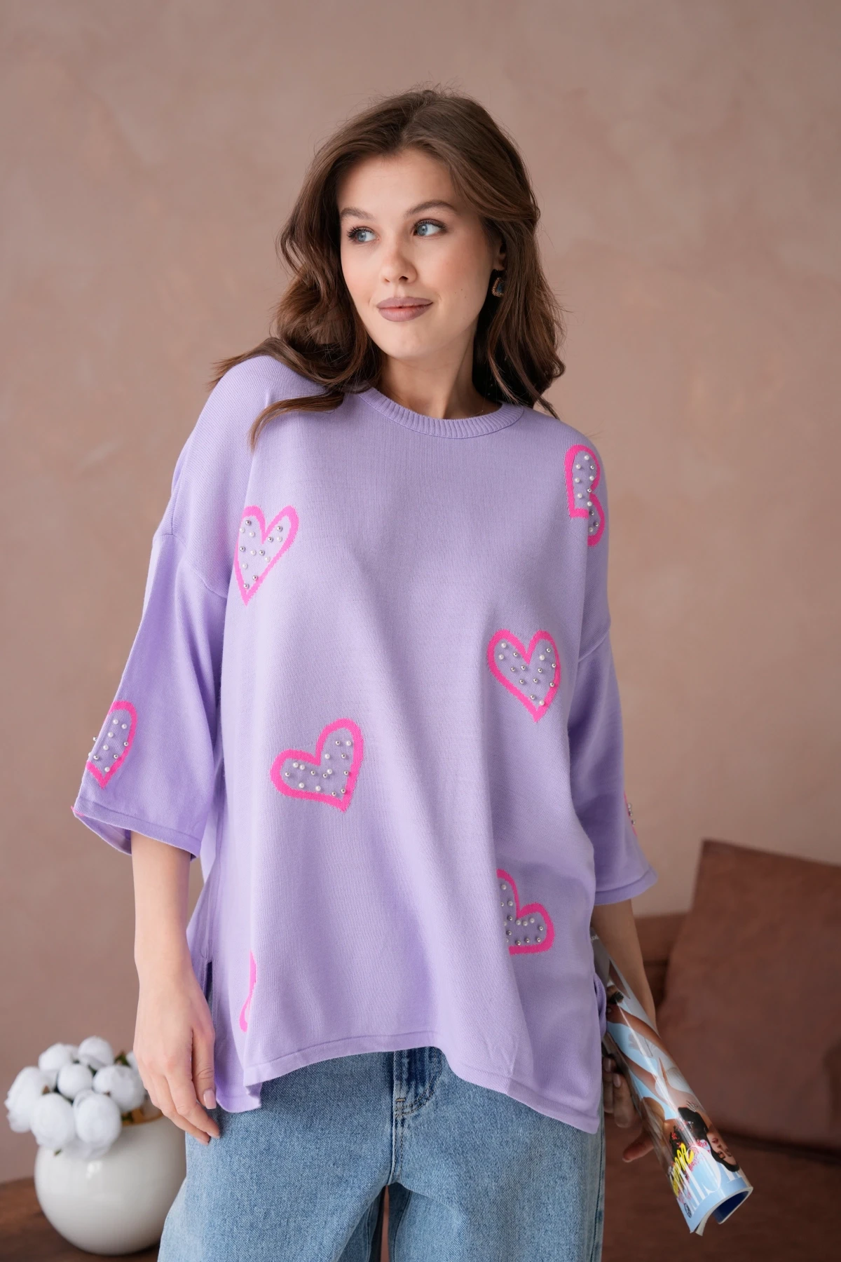 Kadın Taş İşlemeli Salaş Triko Kazak