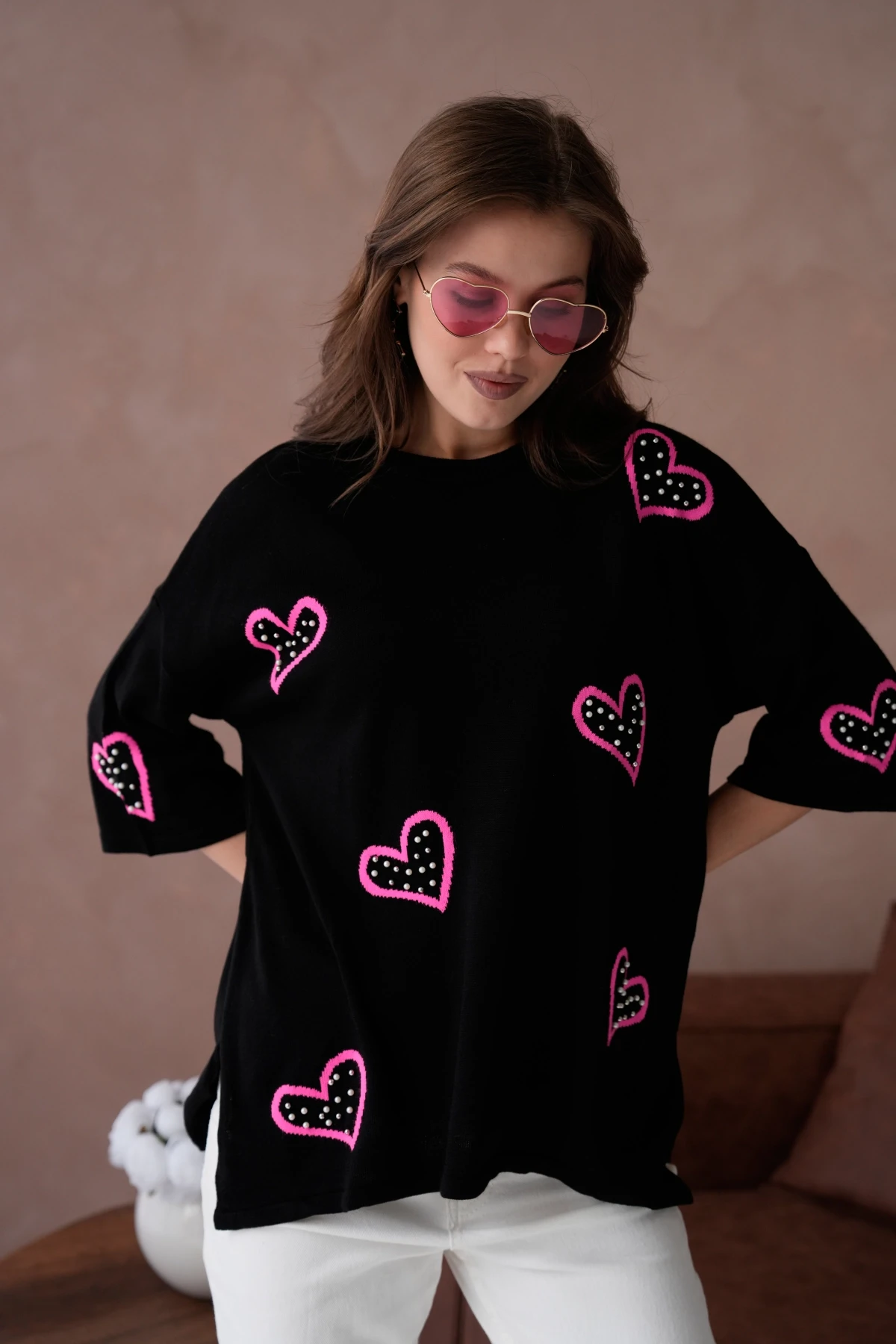 Kadın Taş İşlemeli Salaş Triko Kazak