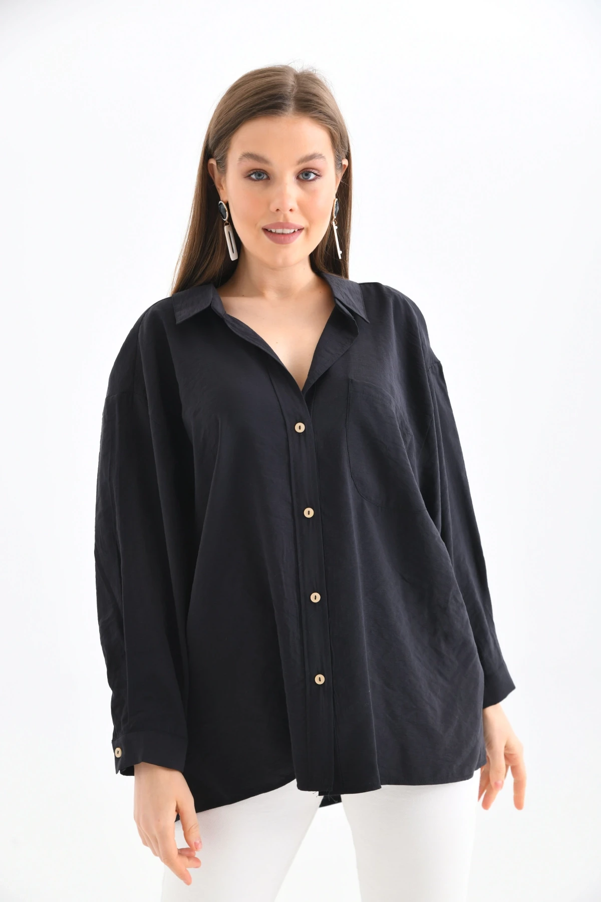 Kadın Uzun Kollu Oversize %100 Pamuk Basic Gömlek