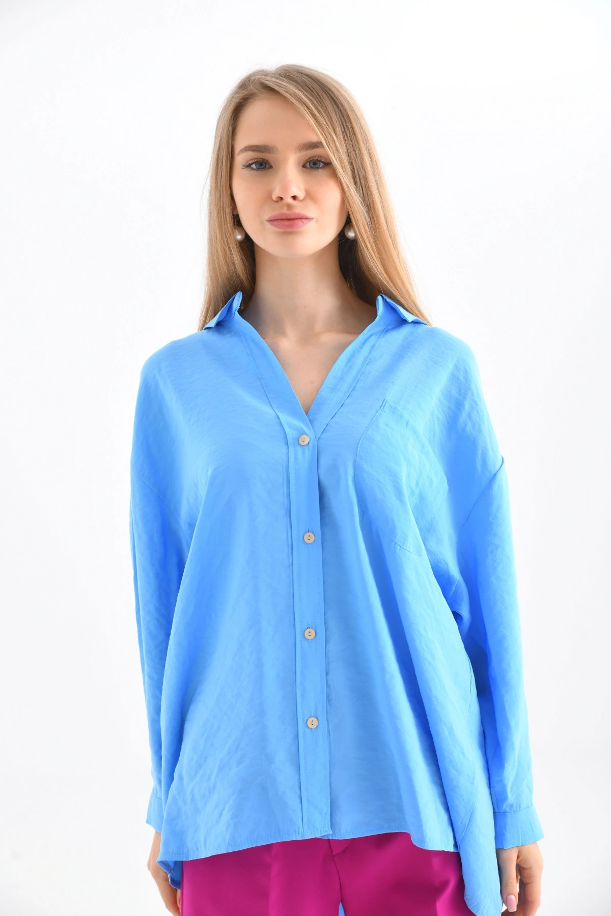 Kadın Uzun Kollu Oversize %100 Pamuk Basic Gömlek