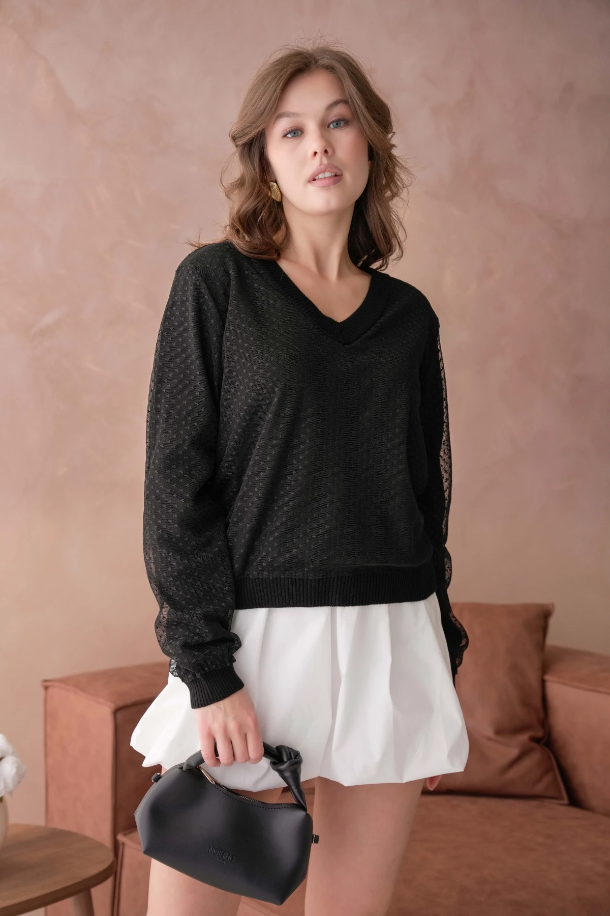 Kadın V Yaka Tül Detay Uzun Kol Triko Kazak