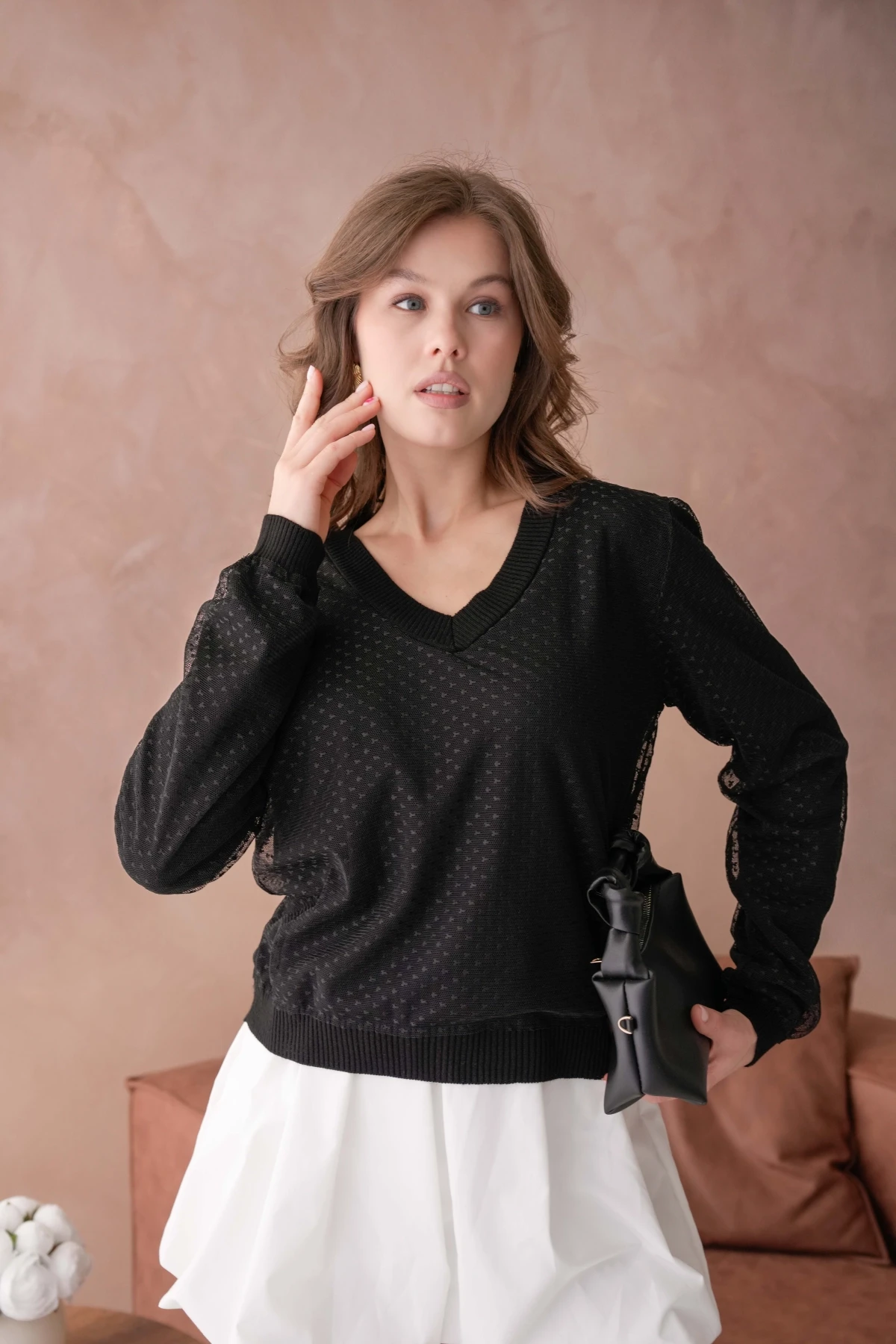 Kadın V Yaka Tül Detay Uzun Kol Triko Kazak