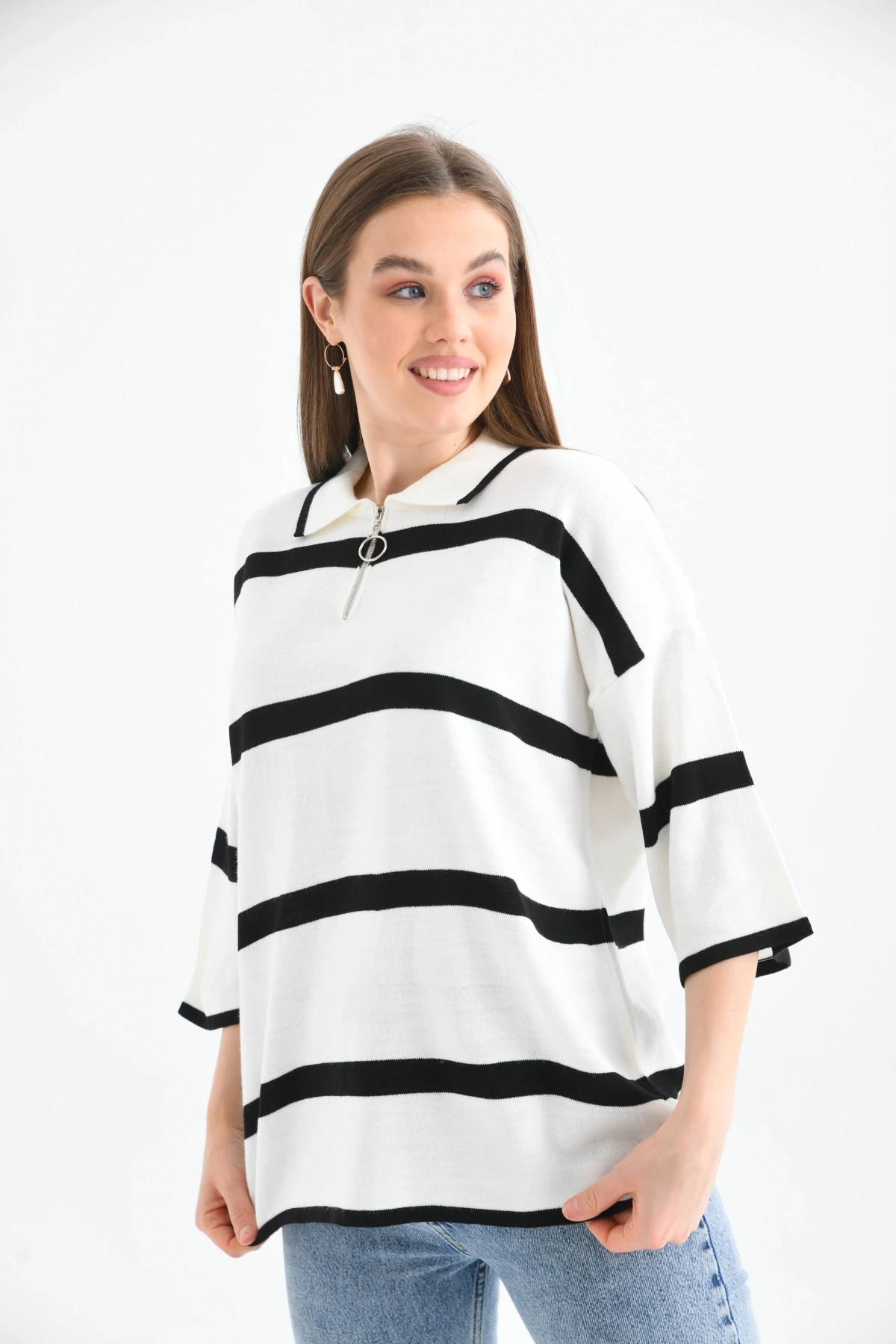 Polo Yaka Fermuarlı Çizgili Salaş Mevsimlik Trko Kazak