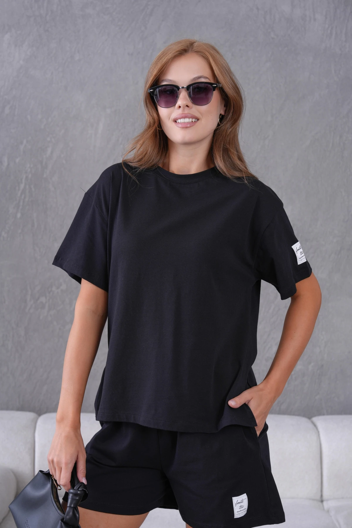 Bisiklet Yaka Kısa Kol Üst Bel Bağcıklı Lastikli Şort Basic Örme İkili Takım