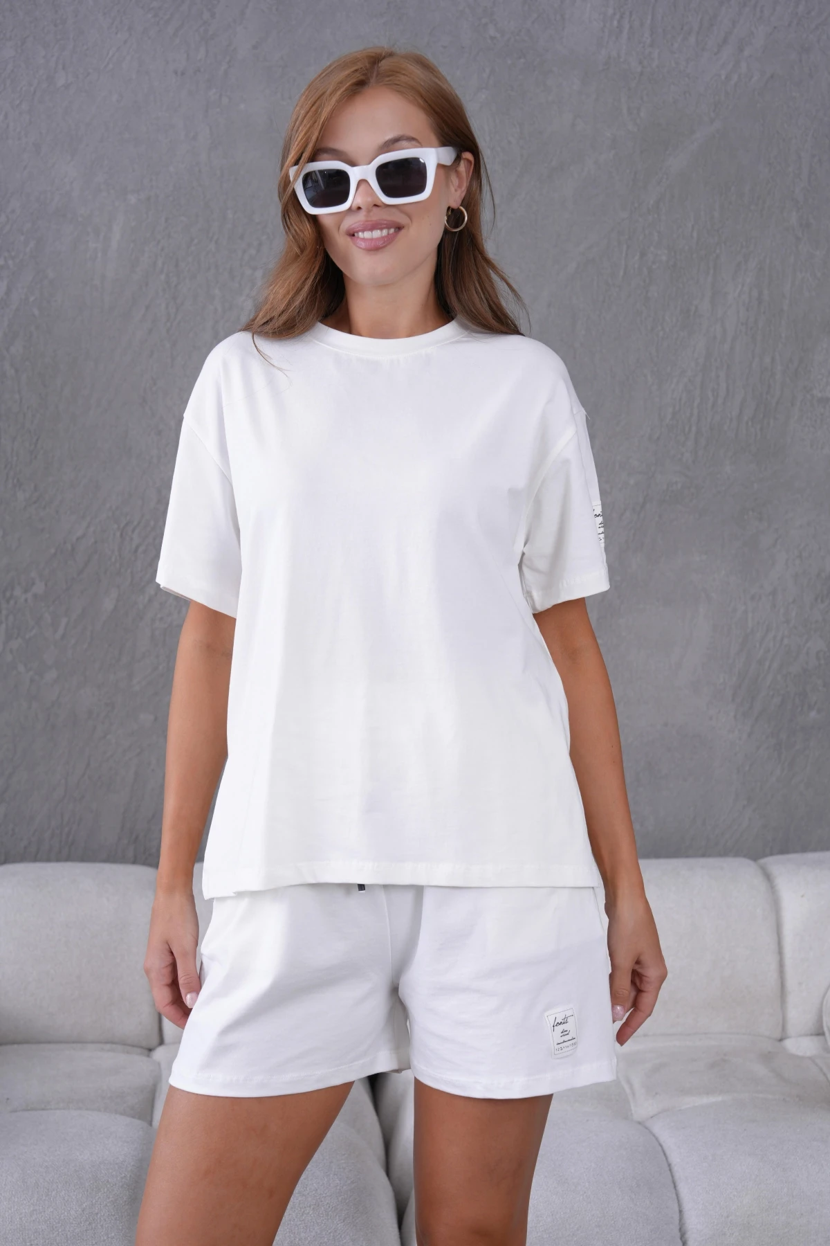 Bisiklet Yaka Kısa Kol Üst Bel Bağcıklı Lastikli Şort Basic Örme İkili Takım