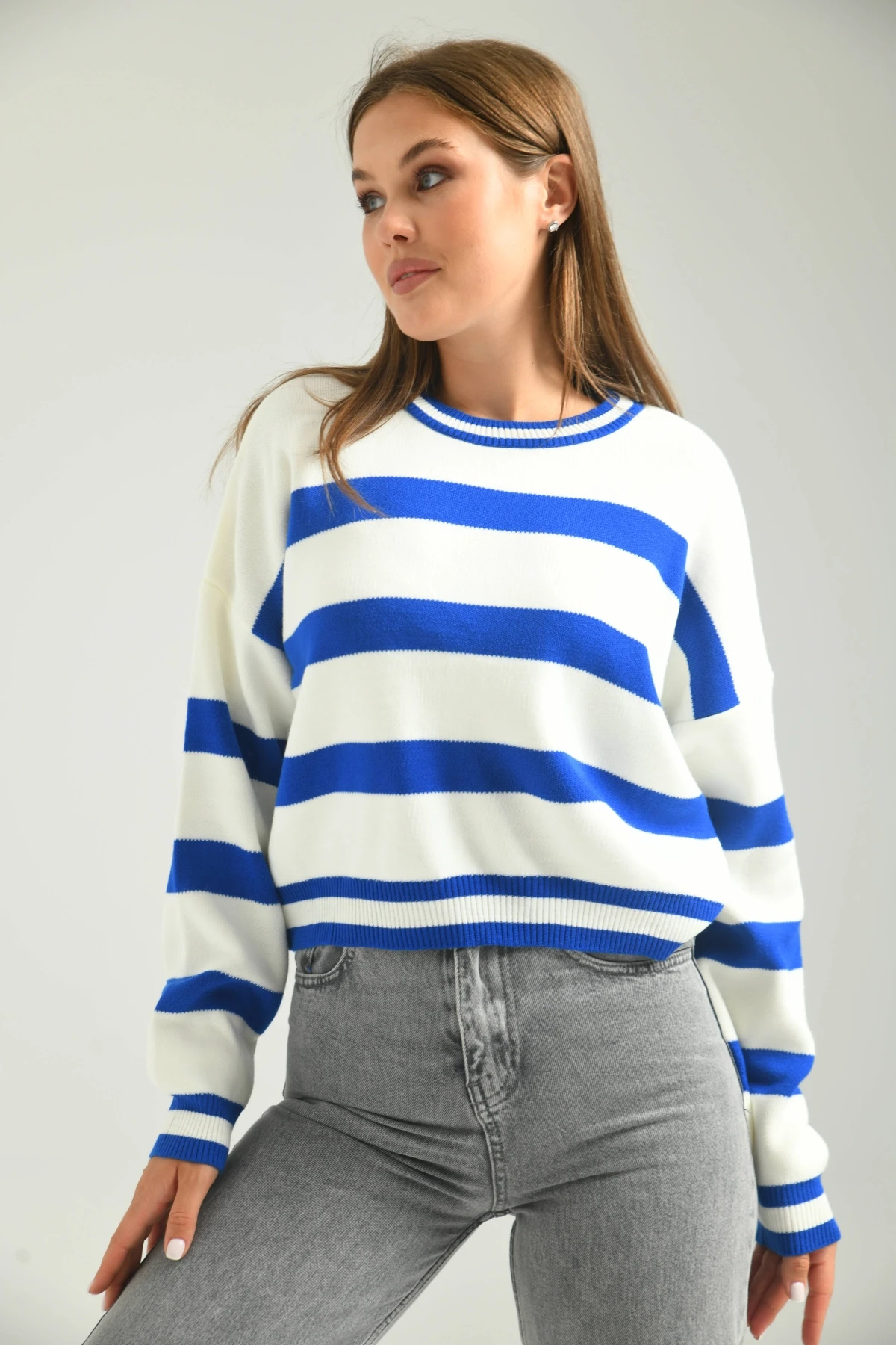 Çizgili Crop Bisiklet Yaka Triko Kazak