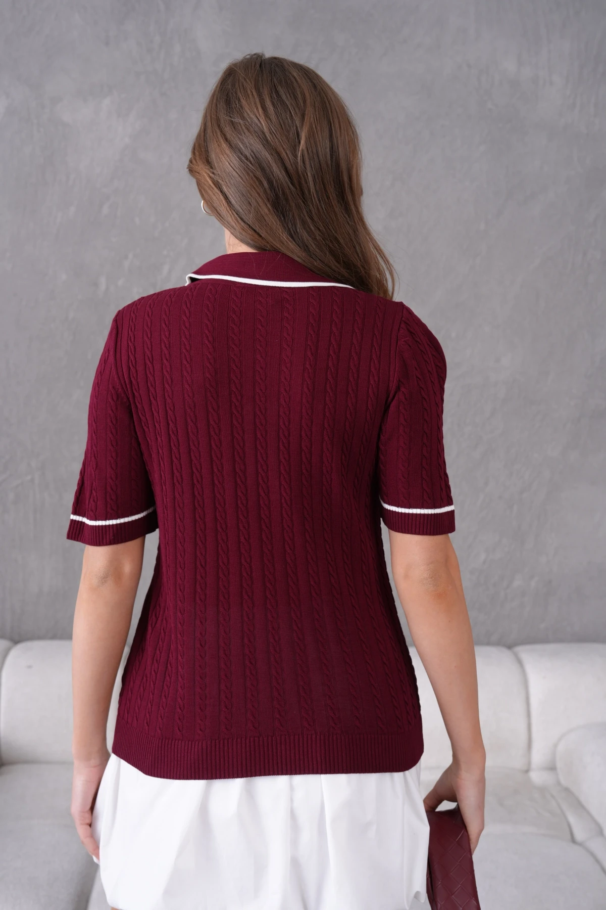 Polo Yaka Saç Örgü Kısa Kol Triko Kazak