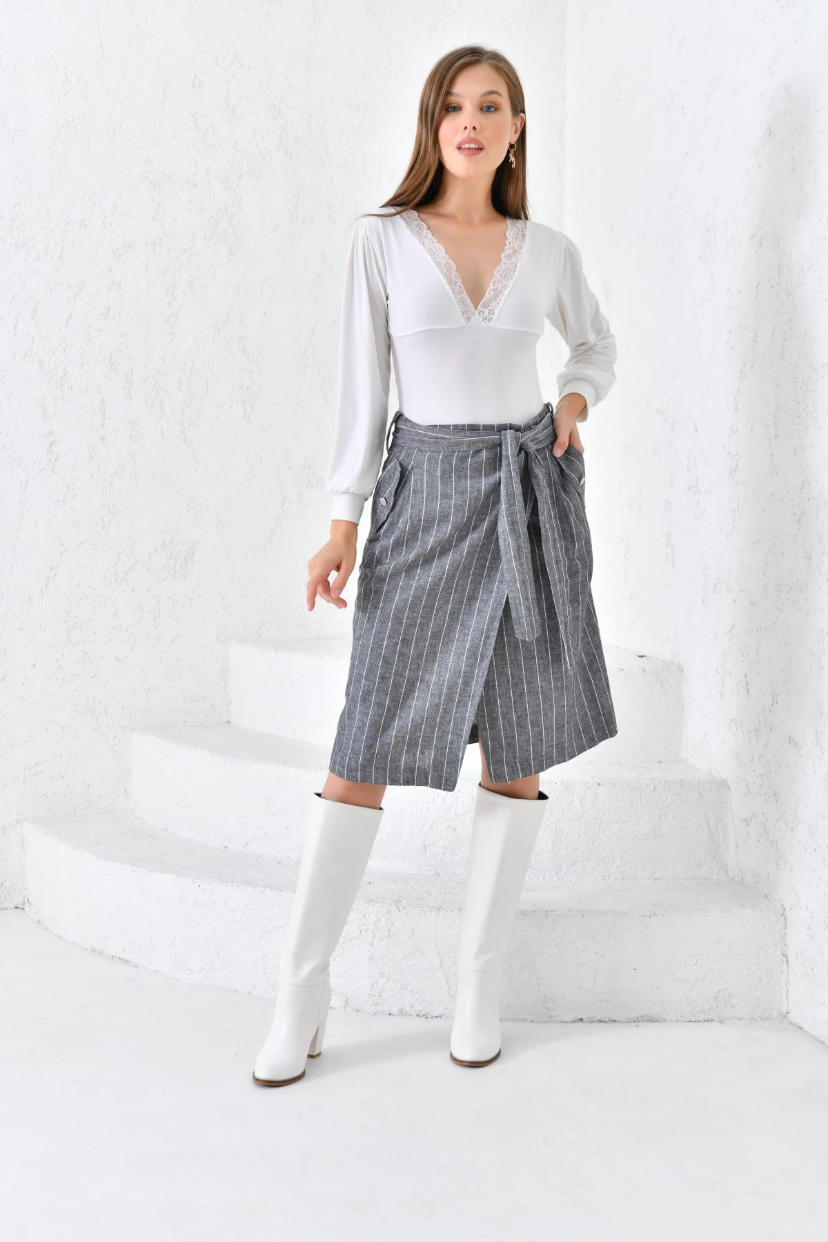 Kadın Antrasit Kuşaklı Anvelop Keten Etek