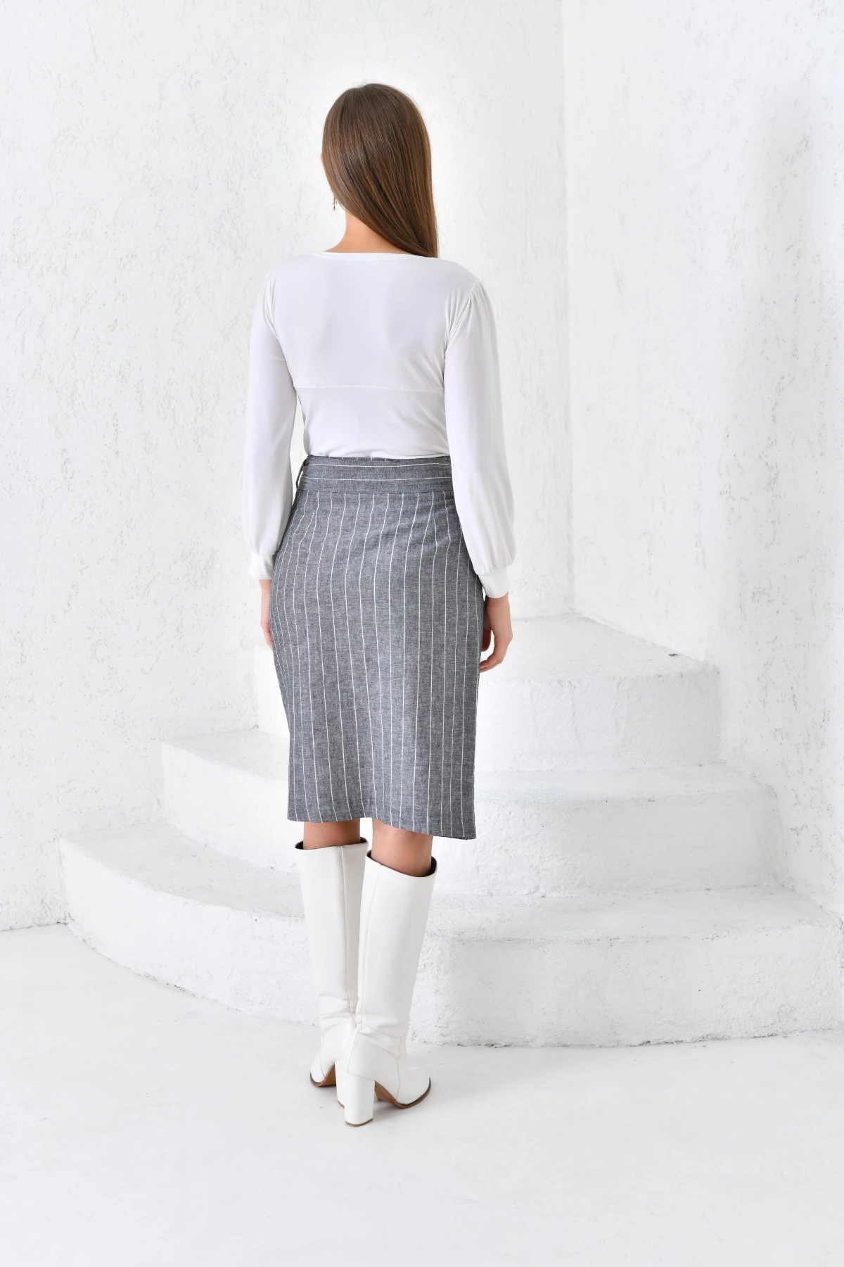 Kadın Antrasit Kuşaklı Anvelop Keten Etek