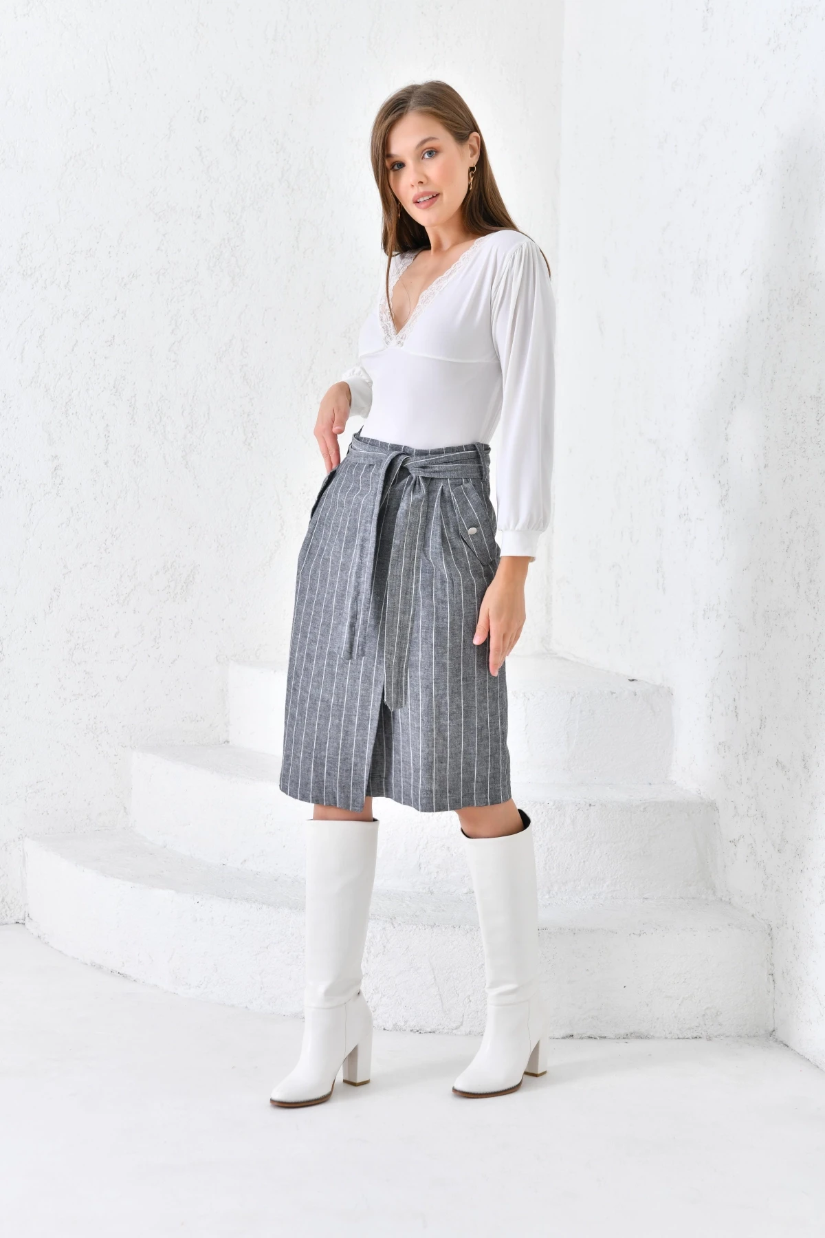 Kadın Antrasit Kuşaklı Anvelop Keten Etek