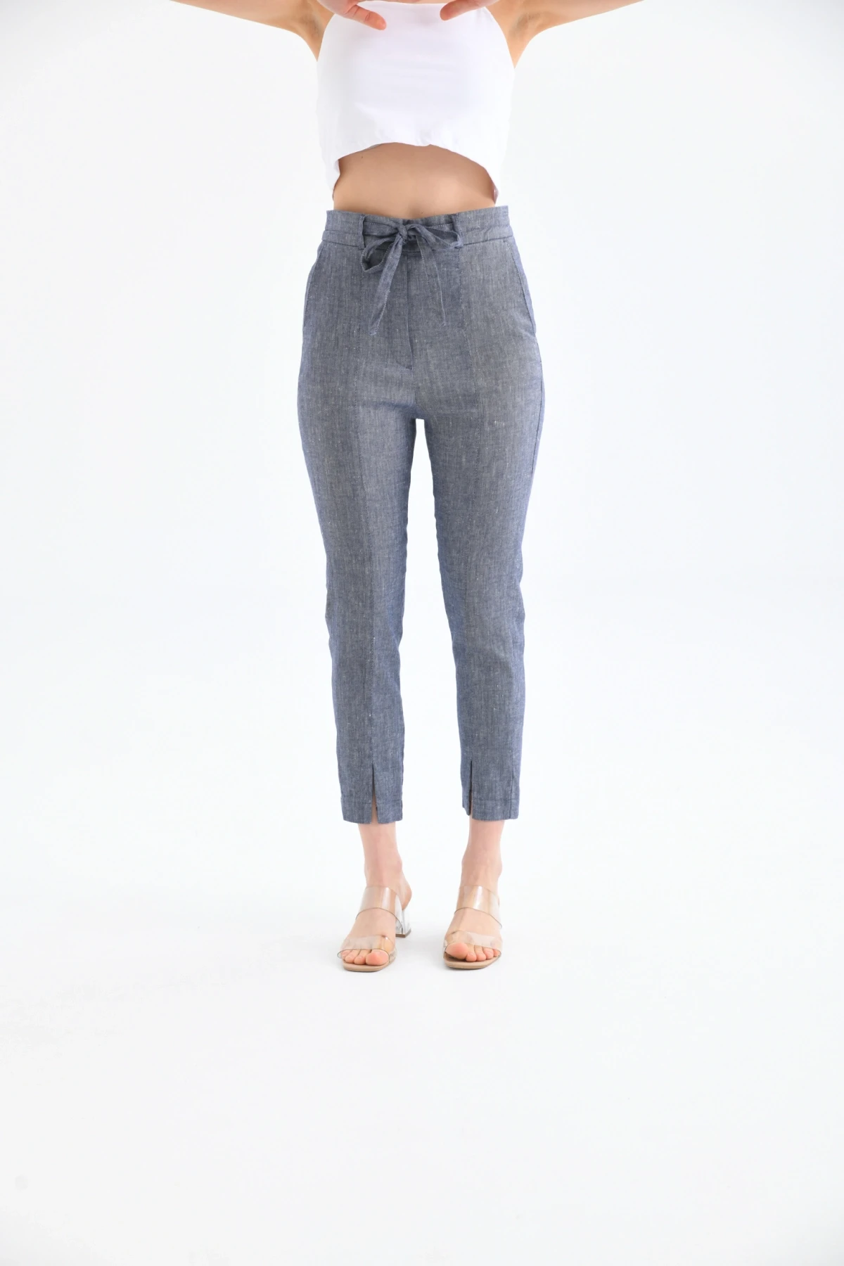 Kadın Bel Bağcıklı Paça Detay Keten Pantolon