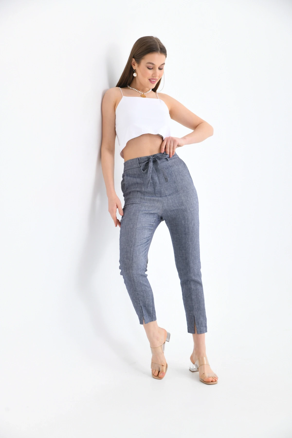 Kadın Bel Bağcıklı Paça Detay Keten Pantolon