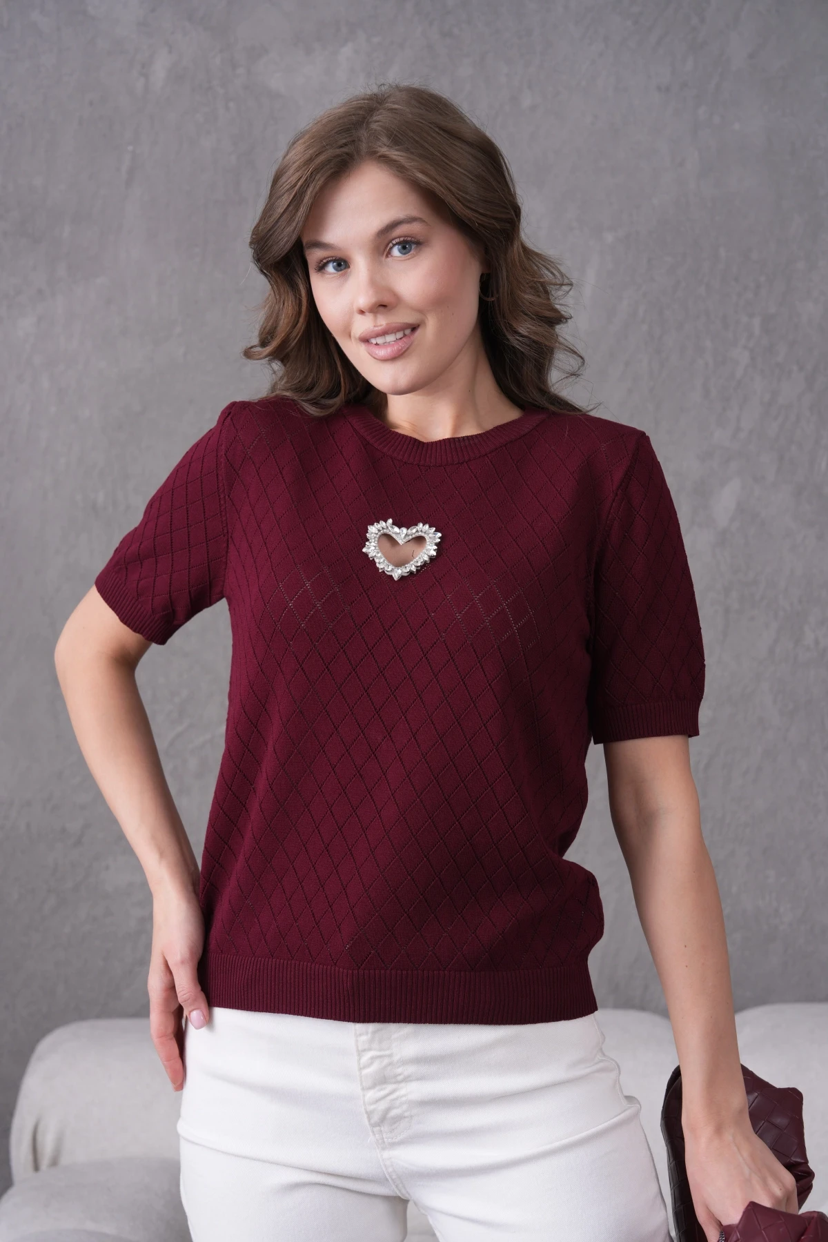 Taş Aksesuar Detaylı Kısa Kol Triko Kazak