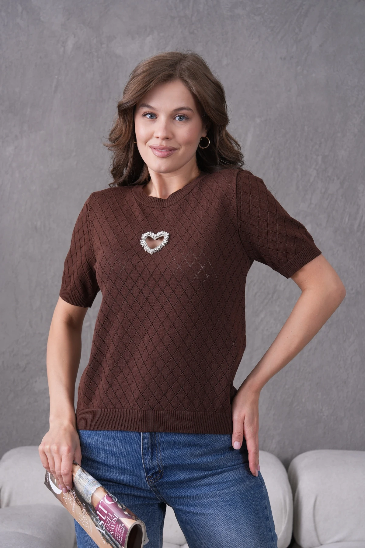 Taş Aksesuar Detaylı Kısa Kol Triko Kazak