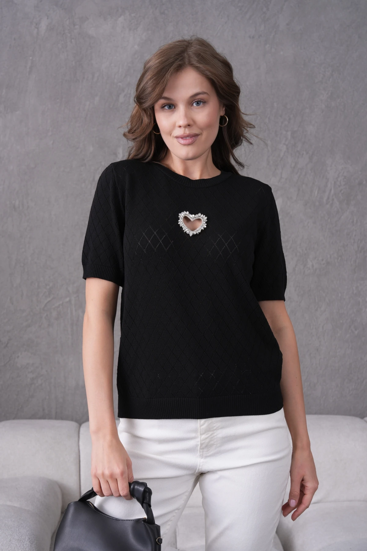 Taş Aksesuar Detaylı Kısa Kol Triko Kazak