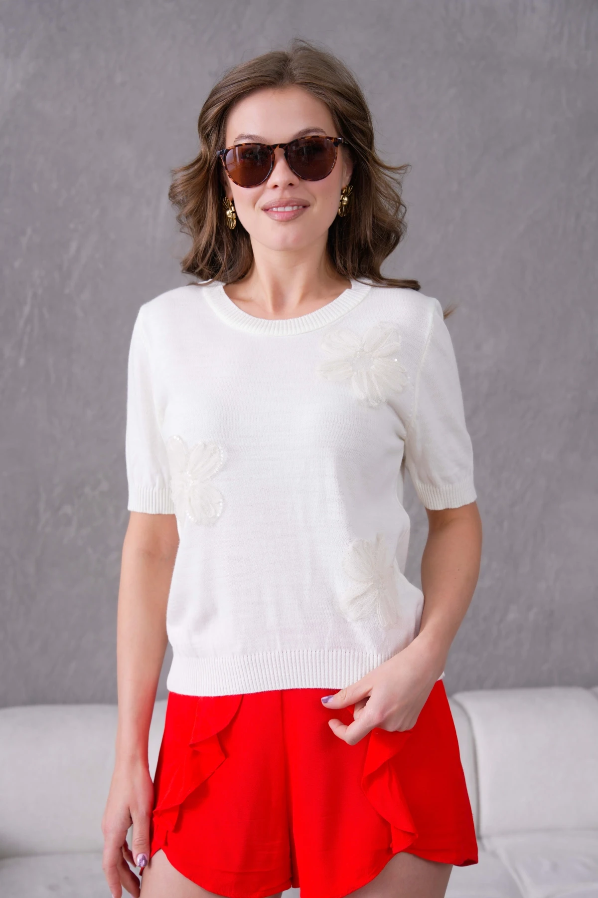 Aplikeli Kısa Kol Triko Kazak