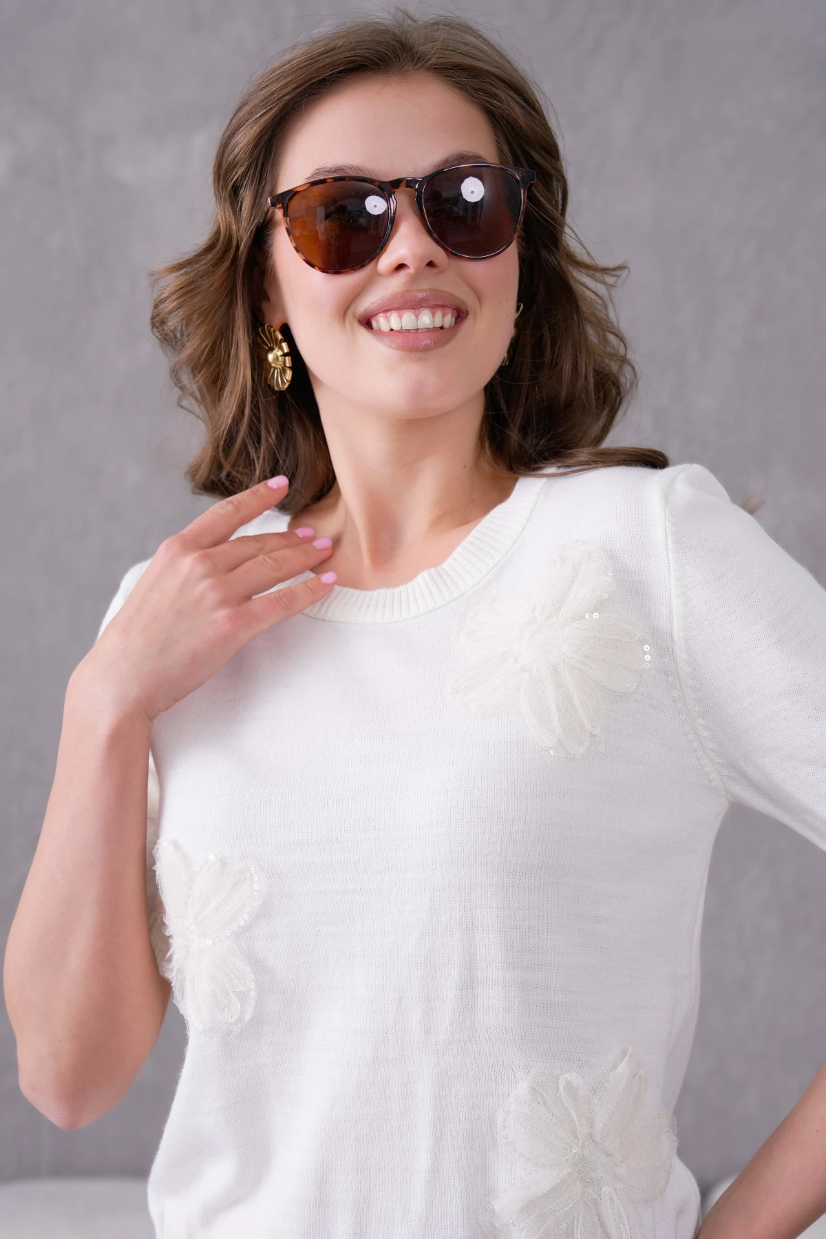 Aplikeli Kısa Kol Triko Kazak