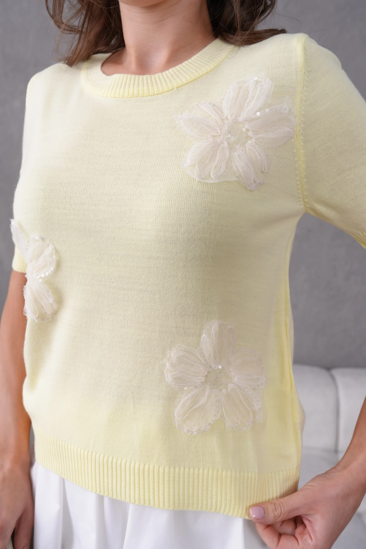 Aplikeli Kısa Kol Triko Kazak