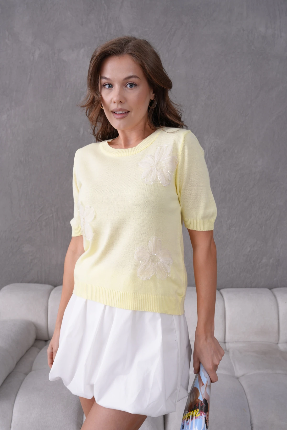 Aplikeli Kısa Kol Triko Kazak