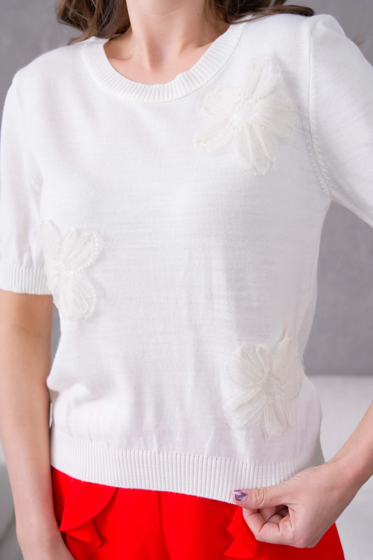 Aplikeli Kısa Kol Triko Kazak