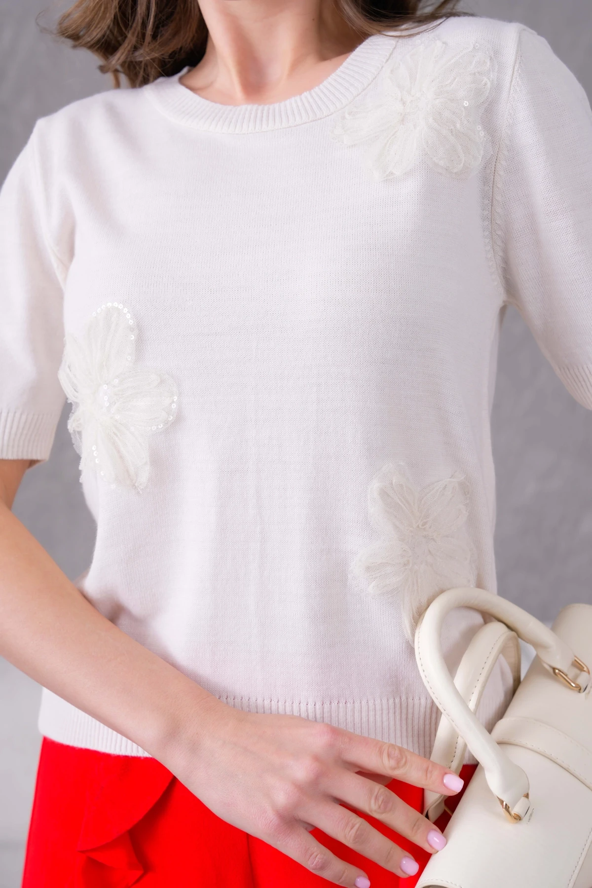 Aplikeli Kısa Kol Triko Kazak