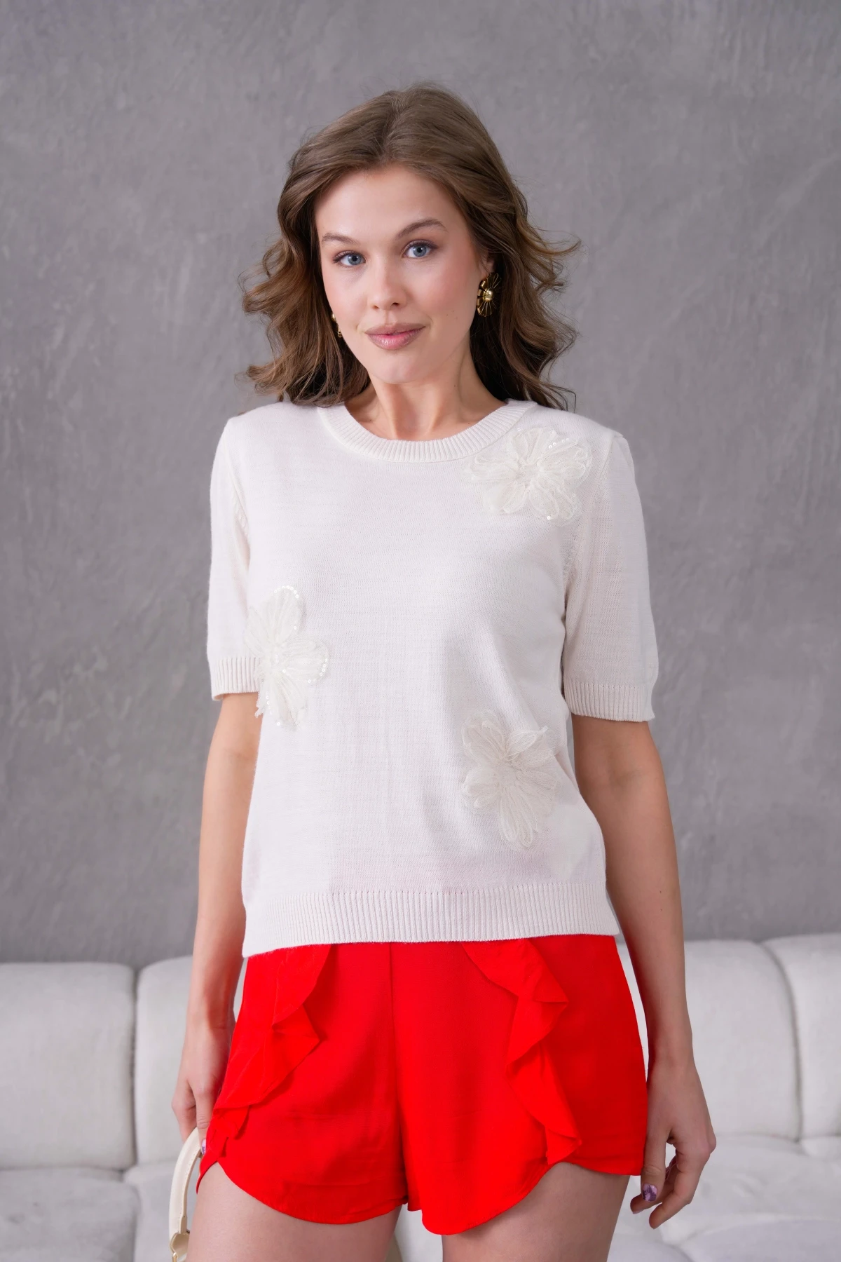 Aplikeli Kısa Kol Triko Kazak