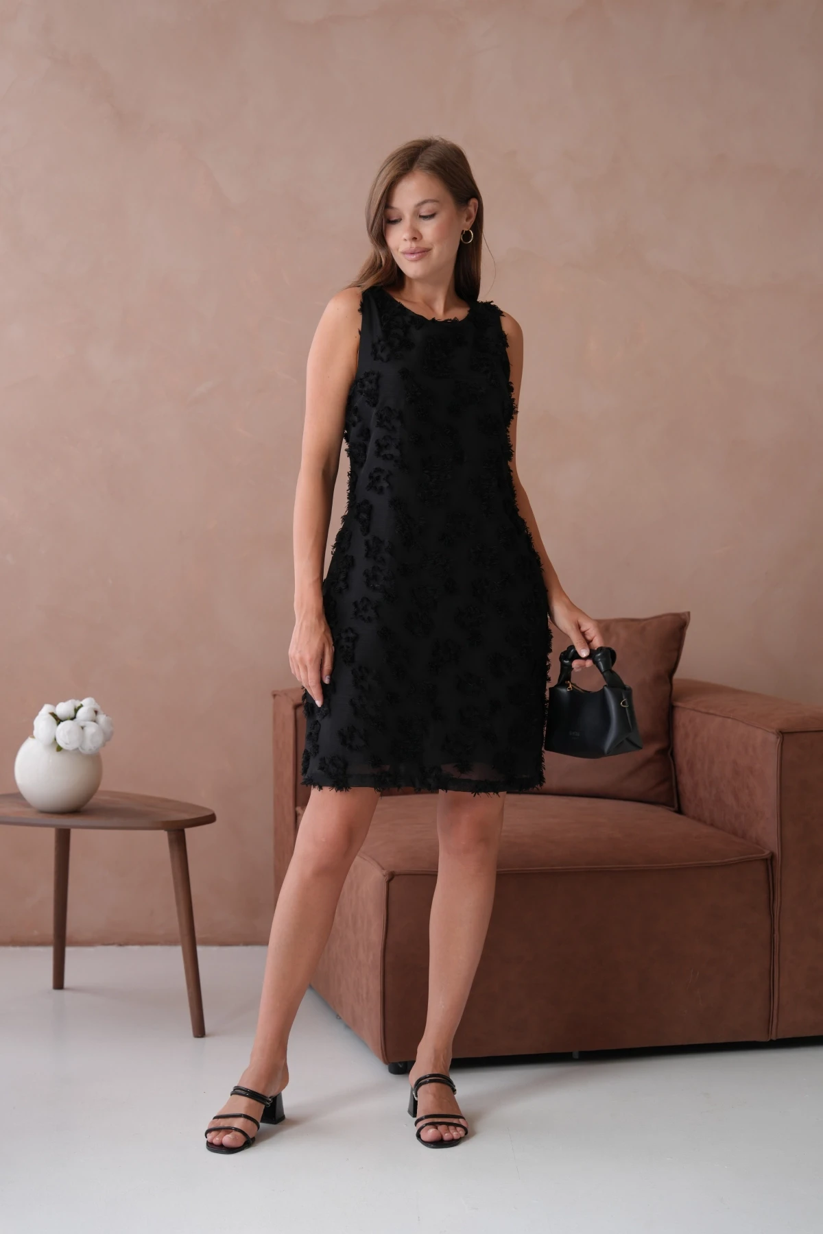 Bisiklet Yaka Astarlı Şifon Elbise