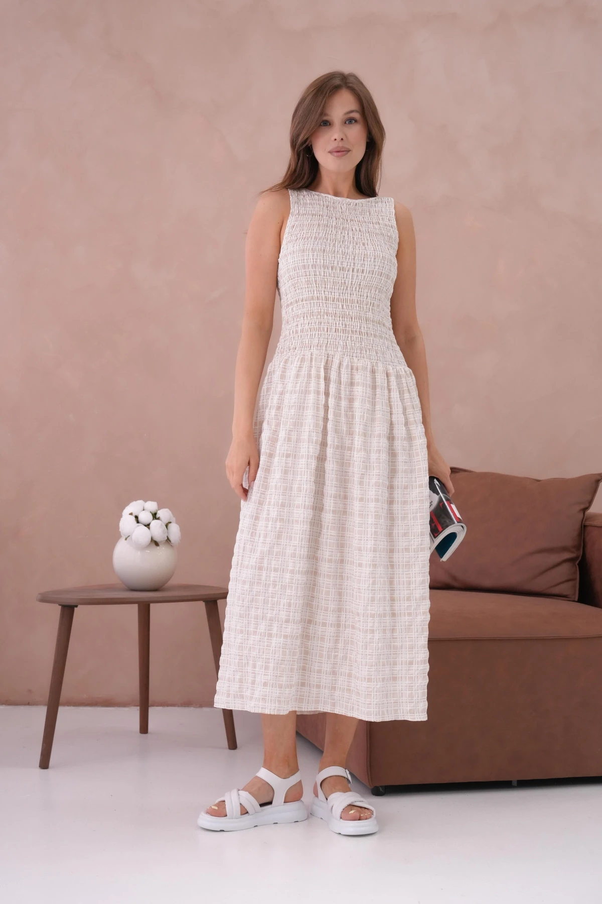 Kolsuz Uzun Ekose Dokuma Elbise