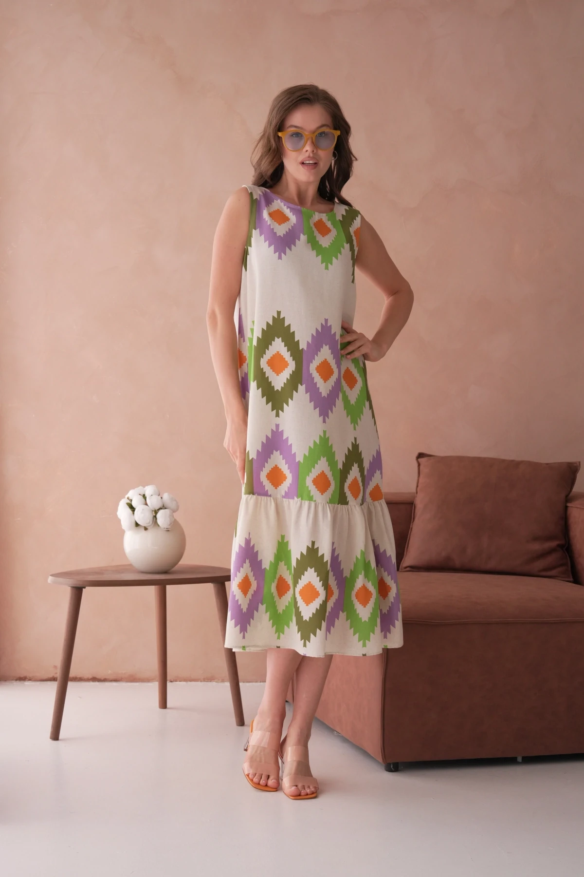 Otantik Desenli Volanlı Salaş Dokuma Elbise