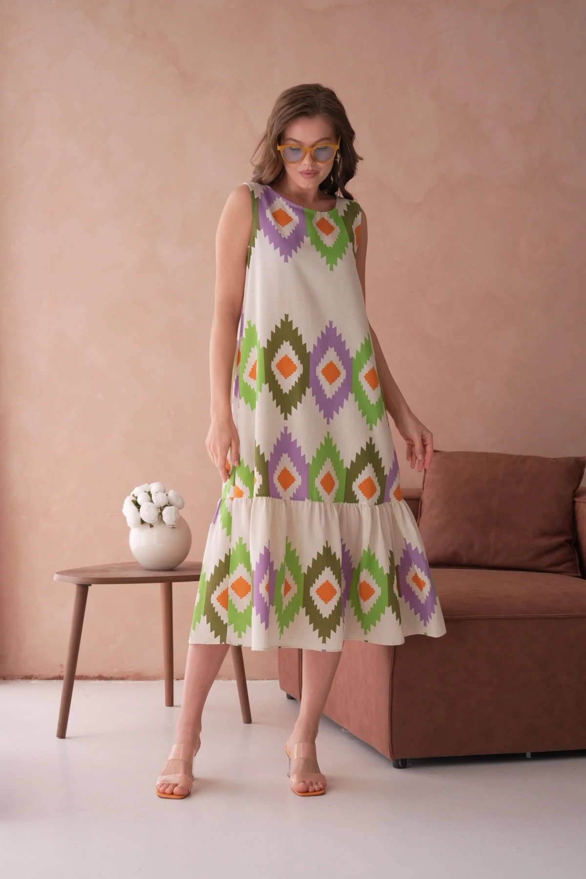 Otantik Desenli Volanlı Salaş Dokuma Elbise